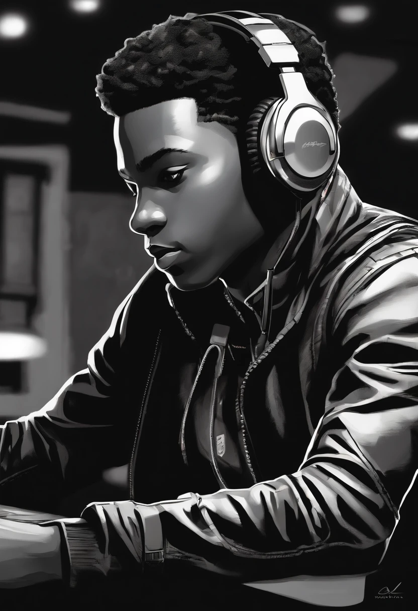 An image of Miles sitting at his desk, wearing headphones, with a microphone in front of him.,Marvel Comics,Miles Morales, the dynamic character from the “Spider-Man” universe, is a young, black athletic ager with a lean build, often seen in his distinctive black Spider-Man suit with red webbing and unique graffiti-style designs. He has a youthful, energetic face, often expressing a wide range of emotions from awe to determination, reflective of his age and the enormity of his responsibilities.