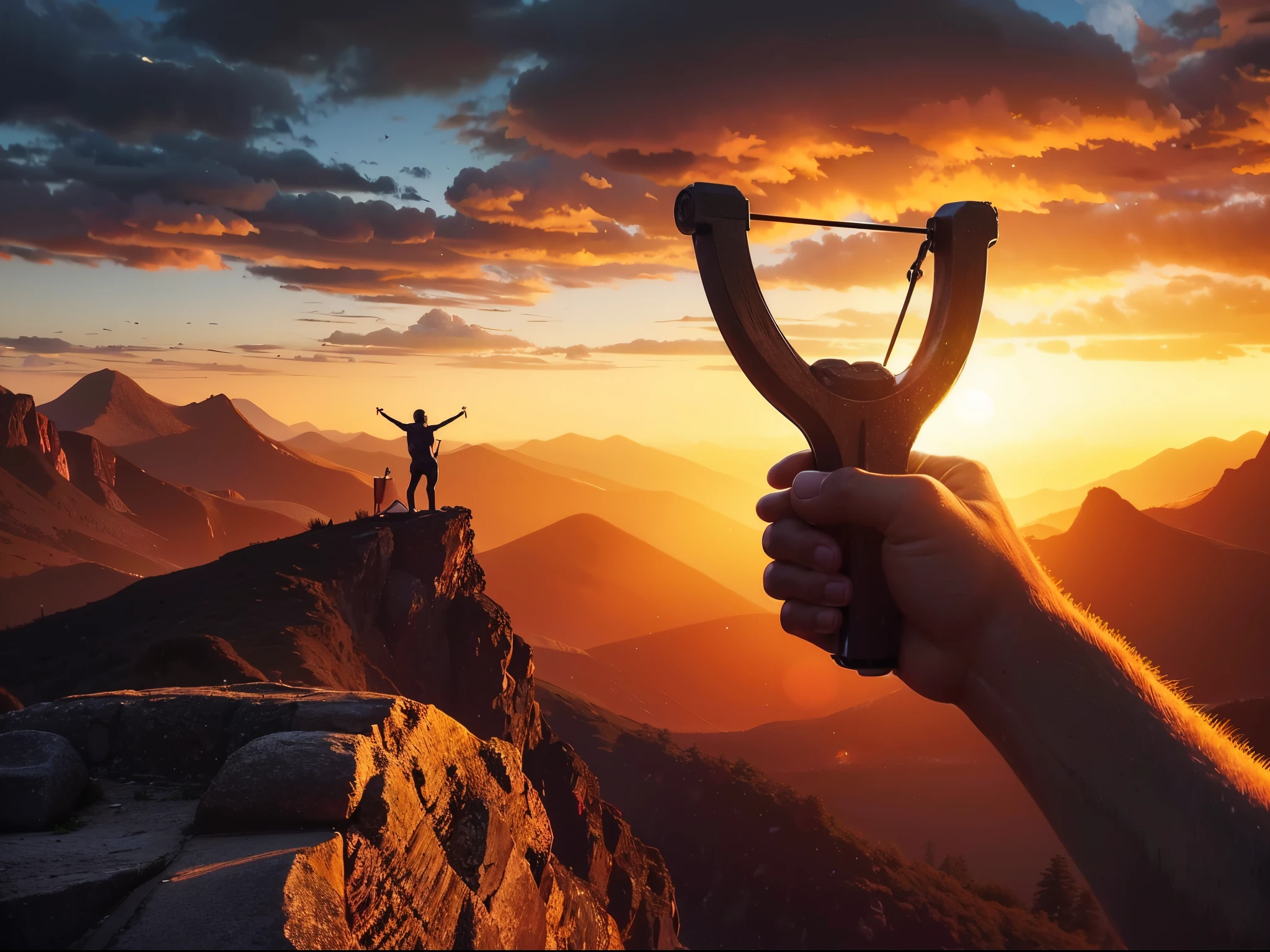 8k ultrarealistic image, in the foreground a male hand holding a slingshot with two stones in it. background Sunset scene,man standing on a rock with his arms outstretched in the air celebrating, on top of a mountain,facing a valley of epic mountains, Climbing,Inspiring,beautiful,Sunset style tone, The whole picture is beautiful, magical dream, clear focus on the scenery. image size 1800 x 2700 pixels, Canon camera