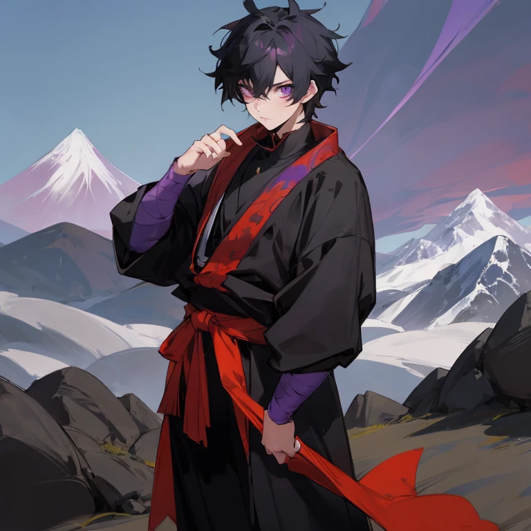 anime character with a red ribbon and a black robe standing in front of a mountain, handsome guy in demon slayer art, badass anime 8 k, inspired by Okumura Masanobu, anime style 4 k, demon slayer rui fanart, keqing from genshin impact, high quality anime artstyle, shigenori soejima illustration, anime moe artstyle , Purple Eyes