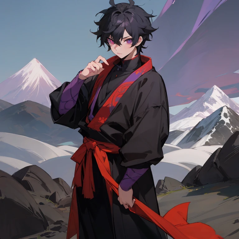 anime character with a red ribbon and a black robe standing in front of a mountain, handsome guy in demon slayer art, badass anime 8 k, inspired by Okumura Masanobu, anime style 4 k, demon slayer rui fanart, keqing from genshin impact, high quality anime artstyle, shigenori soejima illustration, anime moe artstyle , Purple Eyes