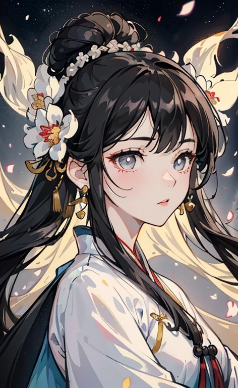 Mature girl , black hair, floating hair, delicate and smart eyes, starry pupils, intricate damask hanfu, gorgeous accessories, wearing pearl earrings, FOV, f1.8, masterpiece, complex scene, flower petals flying, front portrait shot, Chang'e