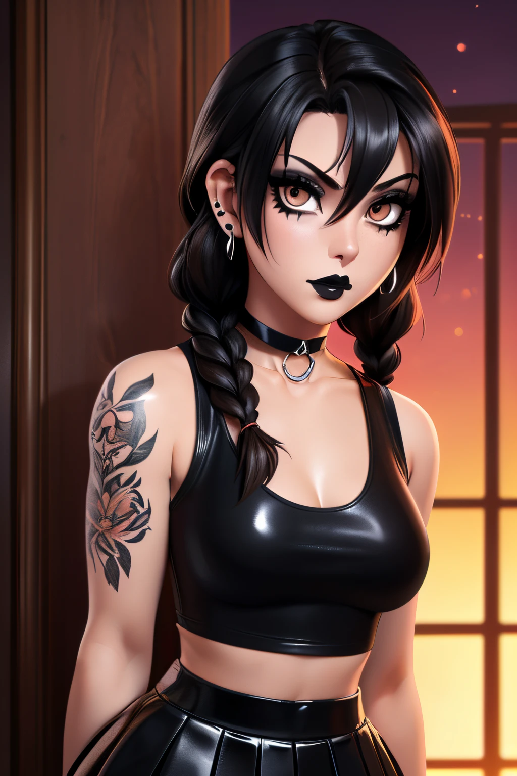 ((ultra quality)), ((tmasterpiece)), goth girl, ((long black hair braided into one braid), ((there are piercings and rings in the ears)), Beautiful cute face, beautiful female lips, ((dark makeup)), charming beauty, ((sexy facial expression)), is looking at the camera, ((Skin color: white)), ((have tattoos on the body)), Body glare, ((detailed beautiful female eyes)), ((dark brown eyes)), beautiful female hands, ((perfect female figure)), ideal female body shapes, Beautiful waist, nice feet, big thighs, Beautiful butt, ((Subtle and beautiful)), seductively worth it ((closeup face)), ((wearing a black leather skirt and a black sleeveless tank top, black choker around the neck, black boots with a large platform, black stockings)), background: Threshold of the house, evening sunset, ((Depth of field)), ((high quality clear image)), ((crisp details)), ((higly detailed)), Realistic, Professional Photo Session, ((Clear Focus)), ((cartoon)), the anime, NSFW