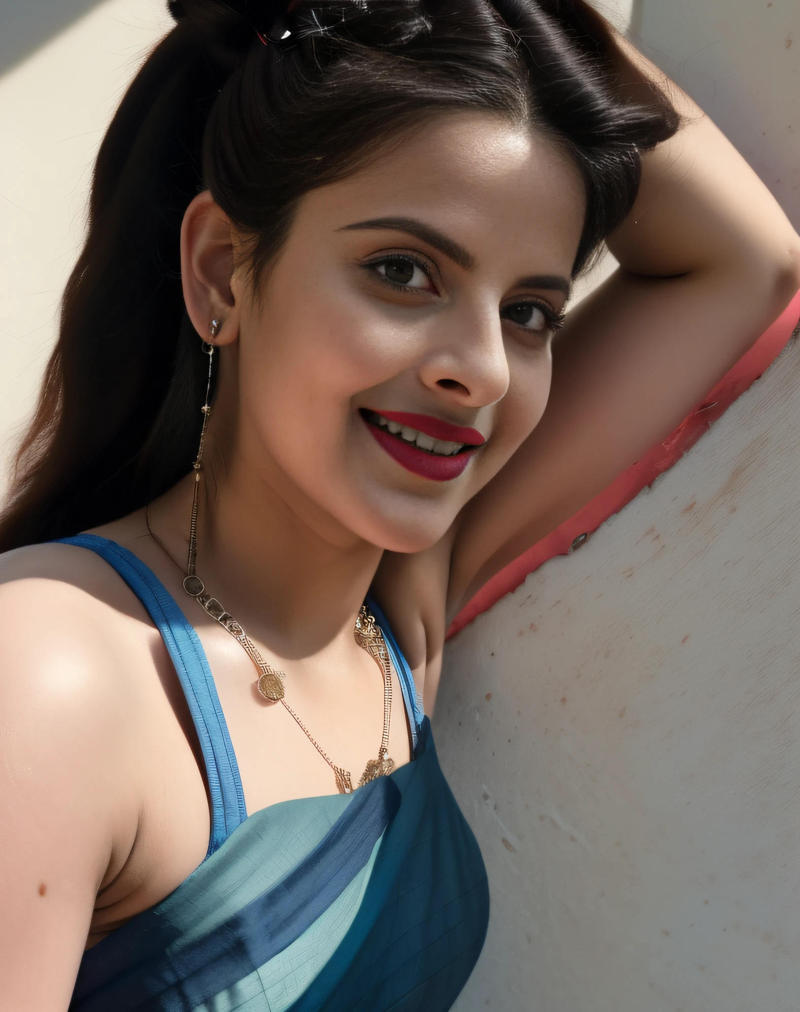 day scene, extreme close up photo of naked vedhika from top view, big cheeks, red Hollywood lips, , huge breasts, squatting near shrub in a garden, hourglass figure, armpits, (blue eyes:1), ponytail, necklace, 30 yo, look at viewer and smile, (cinematic:1.3), intricate details, (ArtStation:1.2)