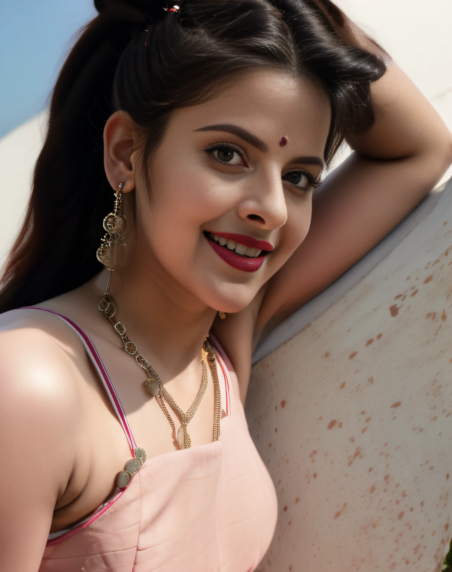 day scene, extreme close up photo of naked vedhika from top view, big cheeks, red Hollywood lips, , huge breasts, squatting near shrub in a garden, hourglass figure, armpits, (blue eyes:1), ponytail, necklace, 30 yo, look at viewer and smile, (cinematic:1.3), intricate details, (ArtStation:1.2)