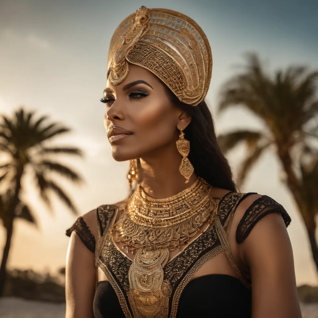 hyper realistic, ultra detailed photograph of a woman with in futuristic headwear inspired by an ancient Egypt queen, Cleopatra headwear, Egyptian Queen in sexy cut out dress in black and gold stripes, long black lace skirt with decorations in gold, top in black with golden decorations, top in lace, layers of lace, decorations snake, gold, silver, stones, scarab beetle, microchips, integrated electric circuits, brown skin, slim body, dark hair, Naomi Campbell look, golden jewelry, shiny, warm sunlight fractal details, full body pose, (Anna Steinbauer:1.5), depth of field, HOF, hall of fame, detailed gorgeous face, model facing camera, beach with palm trees, orange sunset, orange sun, tropical beach, professional photographer, captured with professional DSLR camera, ultra detailed, ultra accurate detailed, bokeh, f-stop 2.0, Thomas Kinkade, ((Pauline Voß)), ((Pascal Quidault)), ((Anna Helme)), Martina Fackova, intricate, epic, freckles, peach fuzz, detailed mascara,