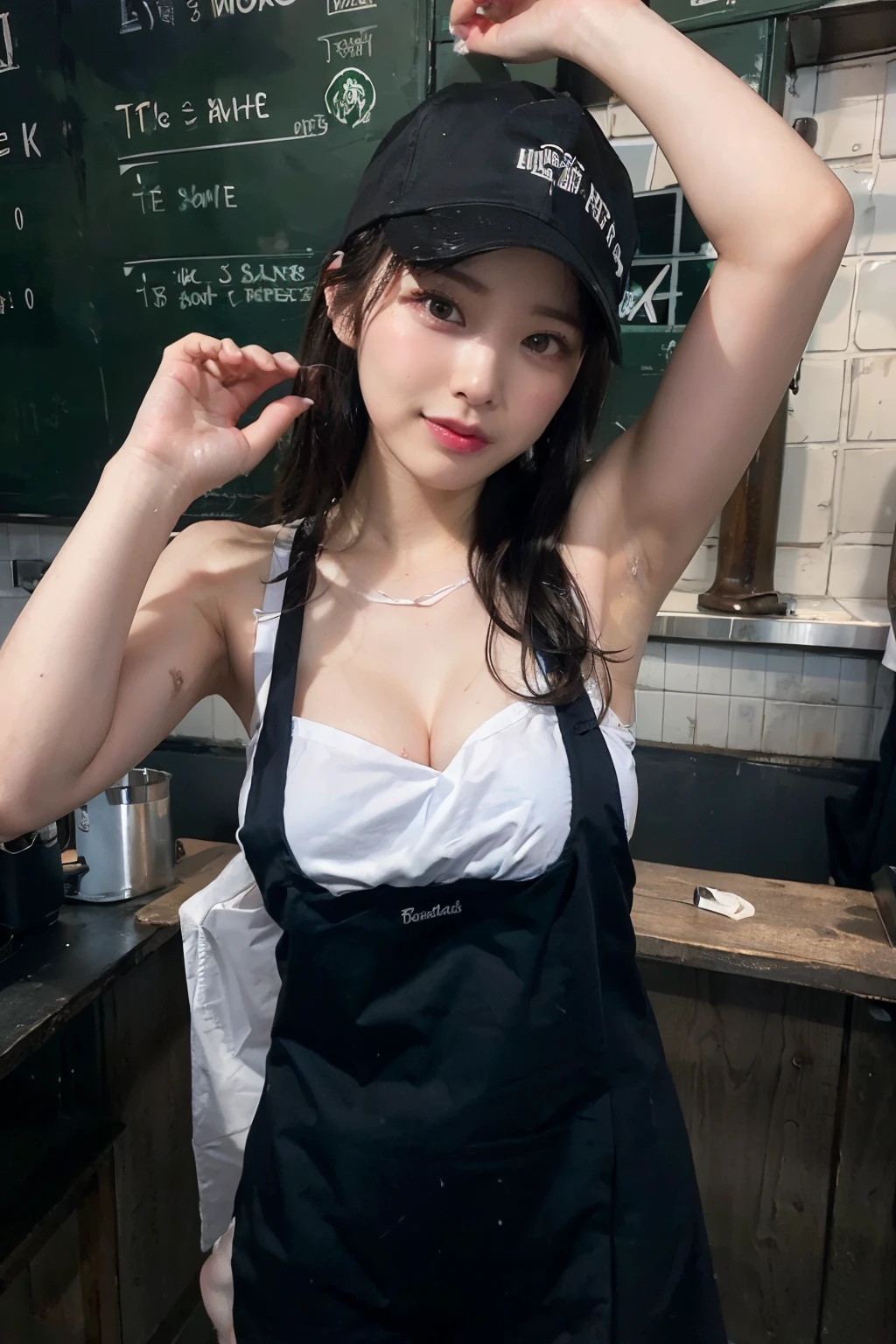 NSFW, 8K, ultra res, top-quality, Girl working at workbench at Starbucks,She wears a black Starbucks baseball cap on her head,She wore only a green Starbucks apron,Soaked clothes and skin,hightquality、tmasterpiece、Hyper-Resolution、cute girl face、barechested、NAKED Apron、Wearing a apron、full body Esbian、((Big cleavage、A sexy))、(((Raise your arms and show your armpits)))、((Sexy and bewitching look))、(((Lower breast、Transverse breasts)))、(((breasts resemble them'The is protruding)))