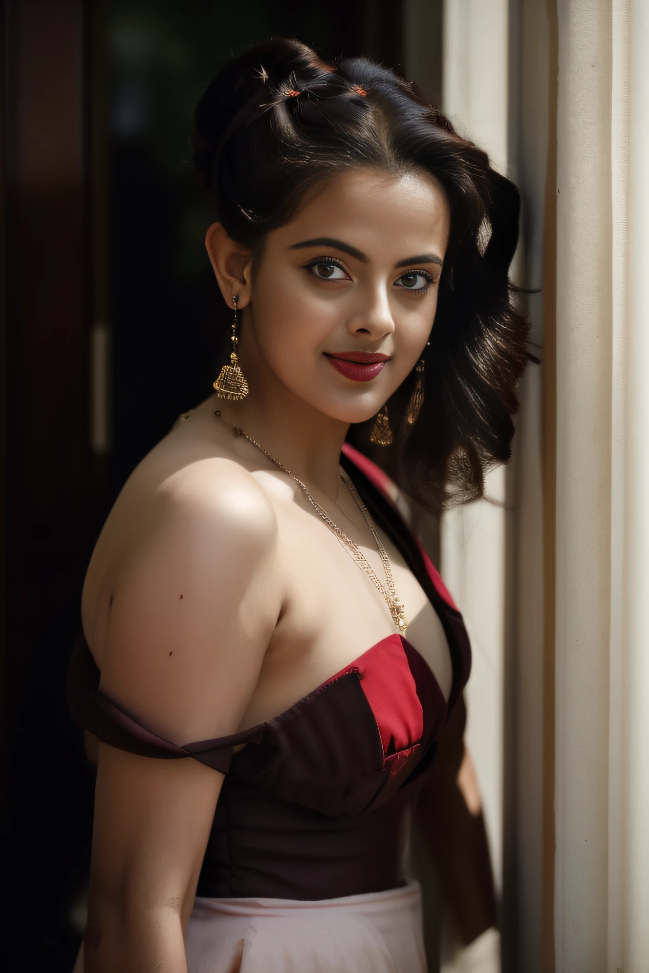 day scene, extreme close up photo of naked vedhika from top view, big cheeks, red Hollywood lips, , huge breasts, squatting near shrub in a garden, hourglass figure, armpits, (blue eyes:1), ponytail, necklace, 30 yo, look at viewer and smile, (cinematic:1.3), intricate details, (ArtStation:1.2)