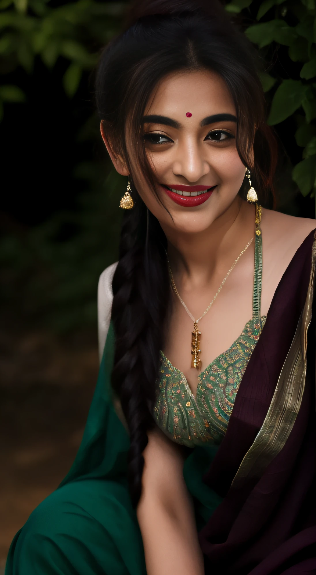 day scene, extreme close up photo of seductive indian model from top view wearing semi wine green sari and top with big breast, big cheeks, red Hollywood lips, squatting near shrub in a garden, hourglass figure, armpits, (blue eyes:1), ponytail, necklace, 30 yo, look at viewer and smile,forest background (cinematic:1.3), intricate details, (ArtStation:1.2)