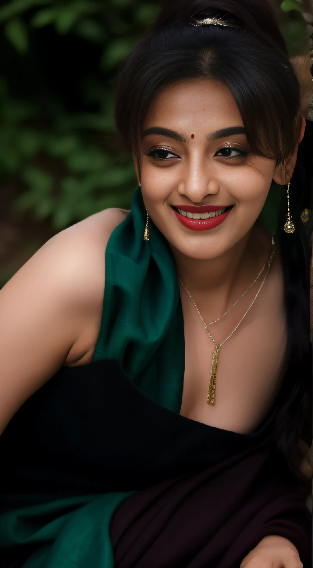 day scene, extreme close up photo of seductive indian model from top view wearing semi wine green sari and top with big breast, big cheeks, red Hollywood lips, squatting near shrub in a garden, hourglass figure, armpits, (blue eyes:1), ponytail, necklace, 30 yo, look at viewer and smile,forest background (cinematic:1.3), intricate details, (ArtStation:1.2)