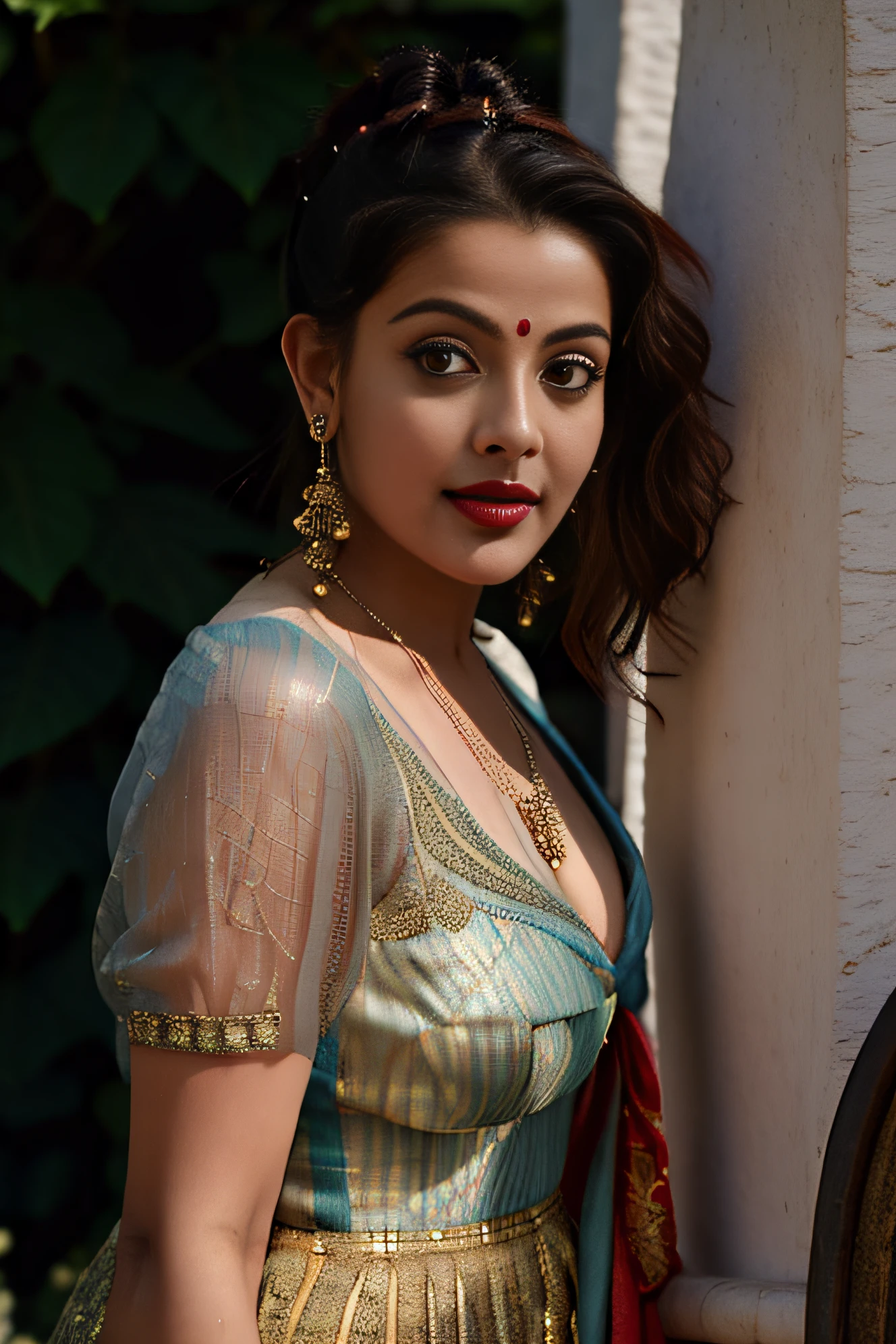 day scene, extreme close up photo of naked vedhika from top view, big cheeks, red Hollywood lips, , huge breasts, squatting near shrub in a garden, hourglass figure, armpits, (blue eyes:1), ponytail, necklace, 30 yo, look at viewer and smile, (cinematic:1.3), intricate details, (ArtStation:1.2)