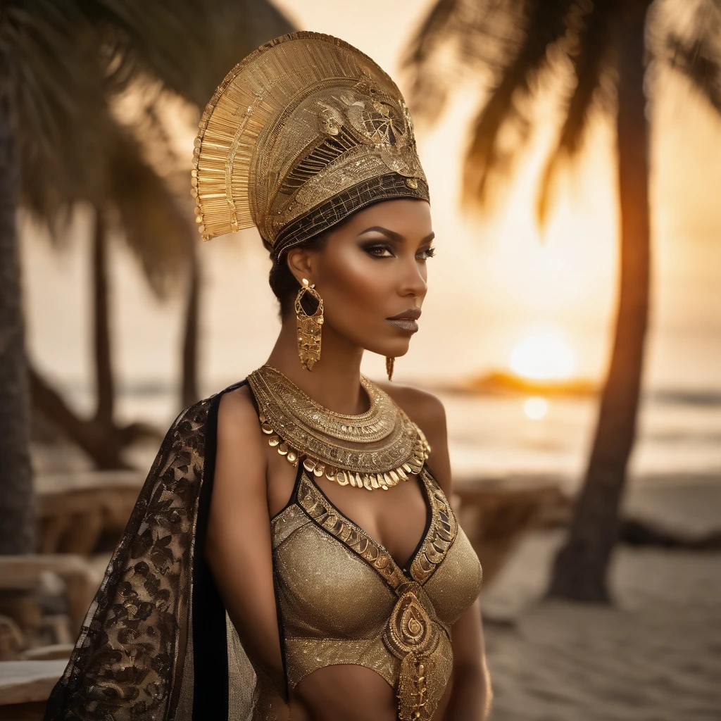 best quality, portrait of a beautiful, curvy woman with green eyes, in futuristic headdress inspired by an ancient egypt king and Cleopatra, Tutankhamun, normal skin, some pores in the skin are visible, snake, gold, silver, stones, scarab beetle, microchips, integrated electric circuits, cabels, electric glow, retro futurism, beach in sunset, warm glowing sunset, palm trees, mecha-girl, human machine integration, long skirt in gold, in her hand she is holding a golden spire, posing by a palm tree