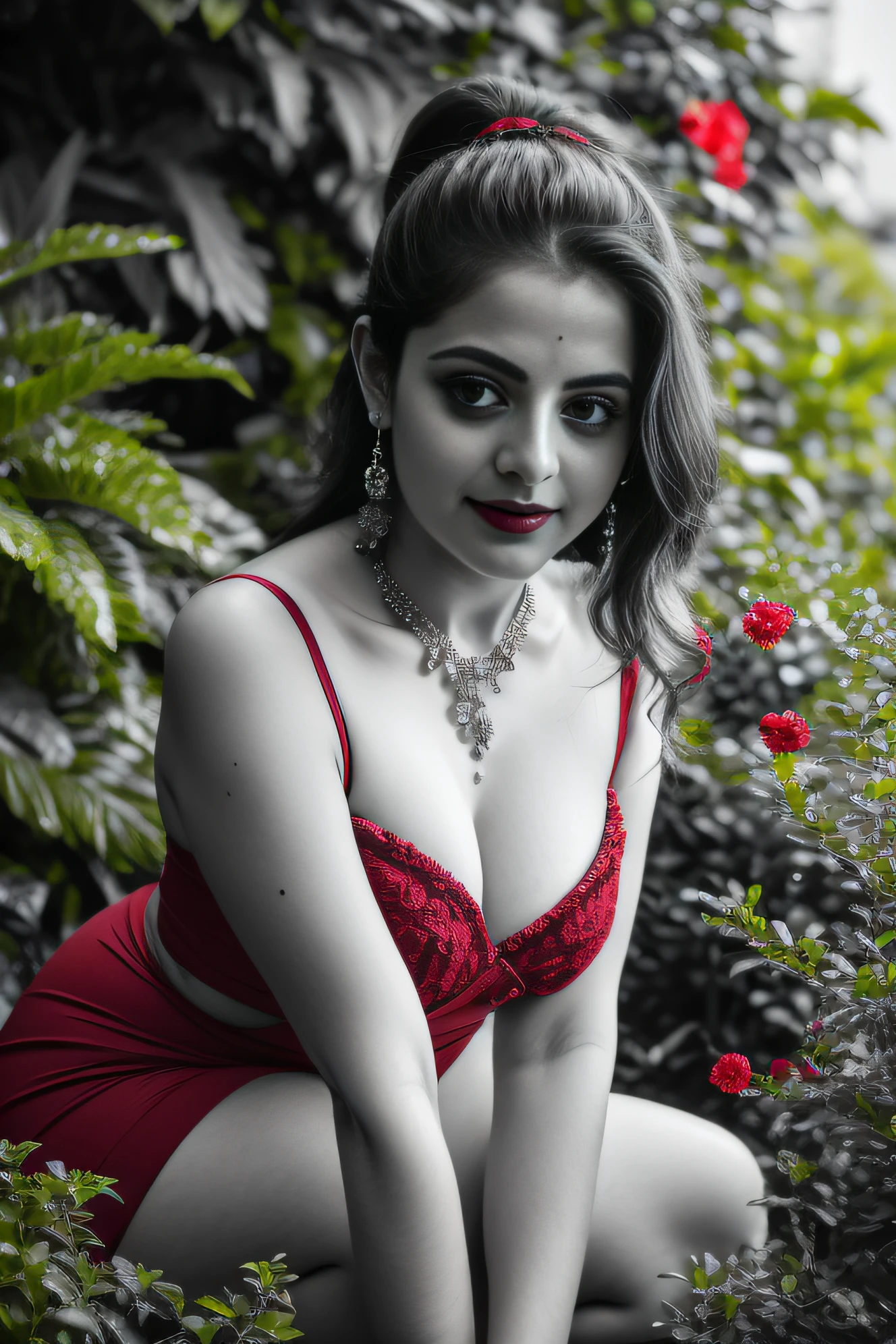 day scene, extreme close up photo of seductive vedhika from top view, big cheeks, red Hollywood lips, , squatting near shrub in a garden, hourglass figure, armpits, (blue eyes:1), ponytail, necklace, 30 yo, look at viewer and smile, (cinematic:1.3), intricate details, (ArtStation:1.2)