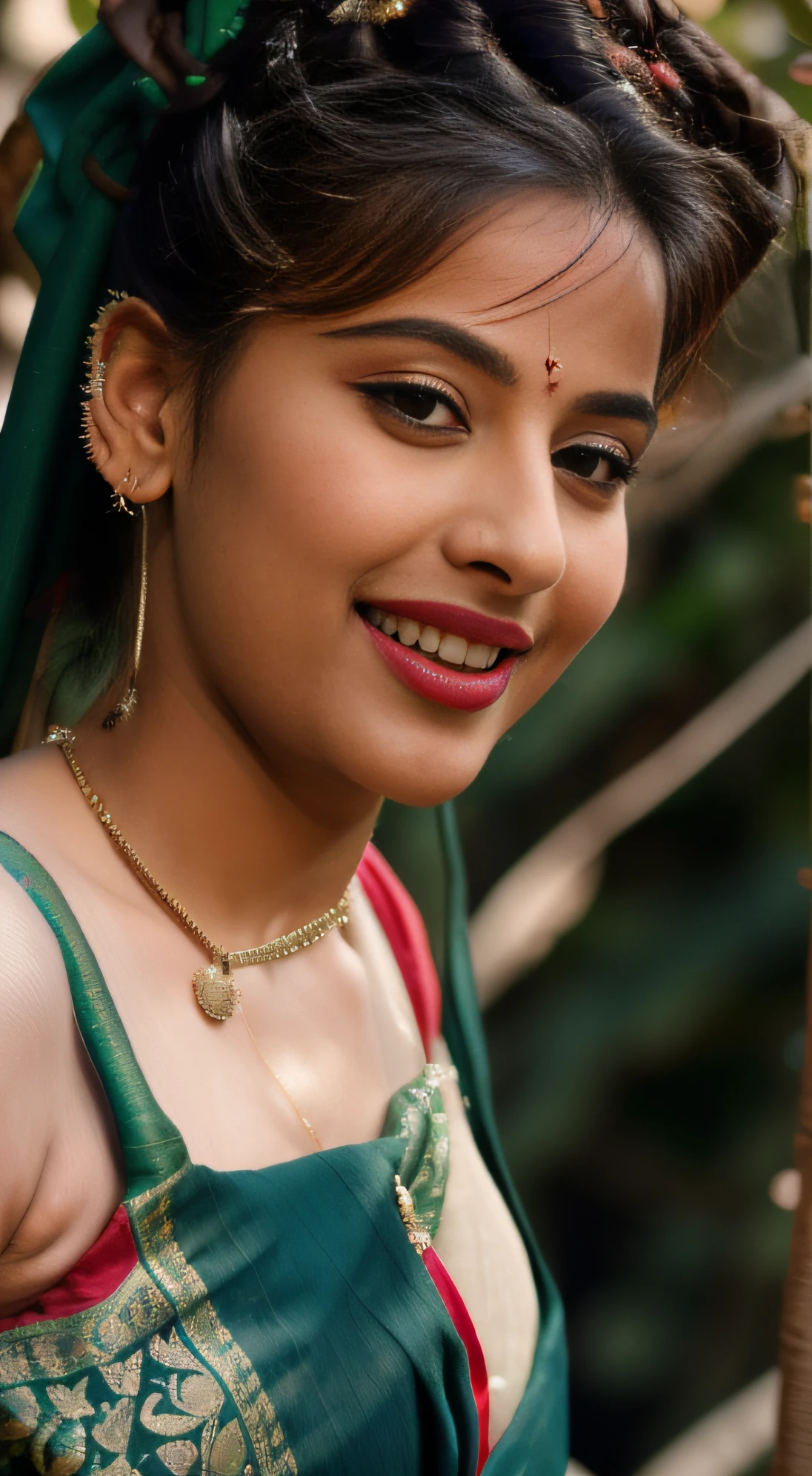 day scene, extreme close up photo of seductive indian model from top view wearing semi wine green sari and top with big breast, big cheeks, red Hollywood lips, squatting near shrub in a garden, hourglass figure, armpits, (blue eyes:1), ponytail, necklace, 30 yo, look at viewer and smile,forest background (cinematic:1.3), intricate details, (ArtStation:1.2)