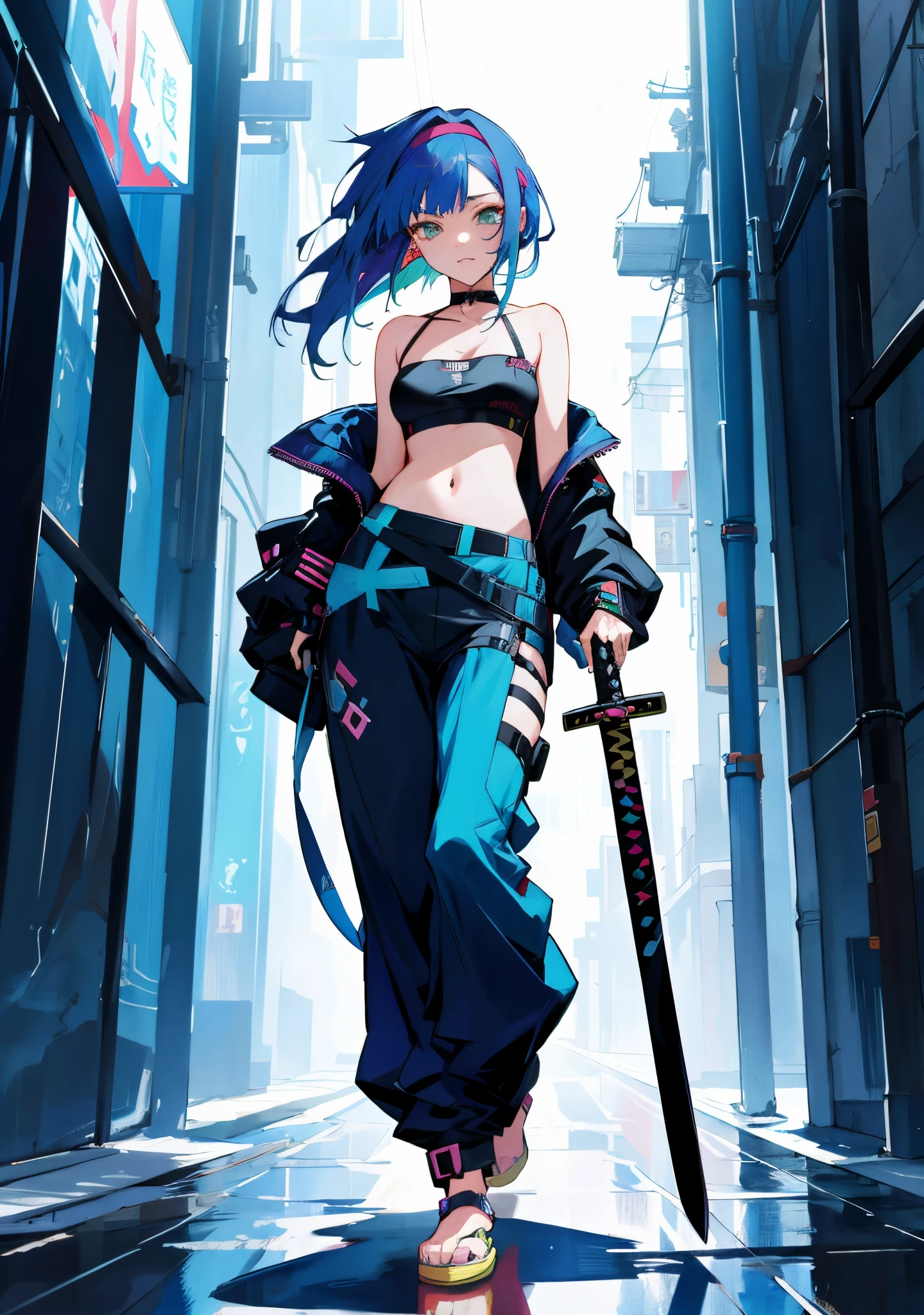 garota de anime com espada andando por um corredor em uma cidade, badass anime 8 k, garota Anime Cyberpunk, Anime cyberpunk moderno, estilo anime 4K, arte cyberpunk anime, Anime Cyberpunk, arte digital do Anime Cyberpunk, menina de Anime Cyberpunk feminino, desembainhando sua katana, cyberpunk digital - arte de anime, arte de Anime Cyberpunk, Personagem de videogame Katana Zero