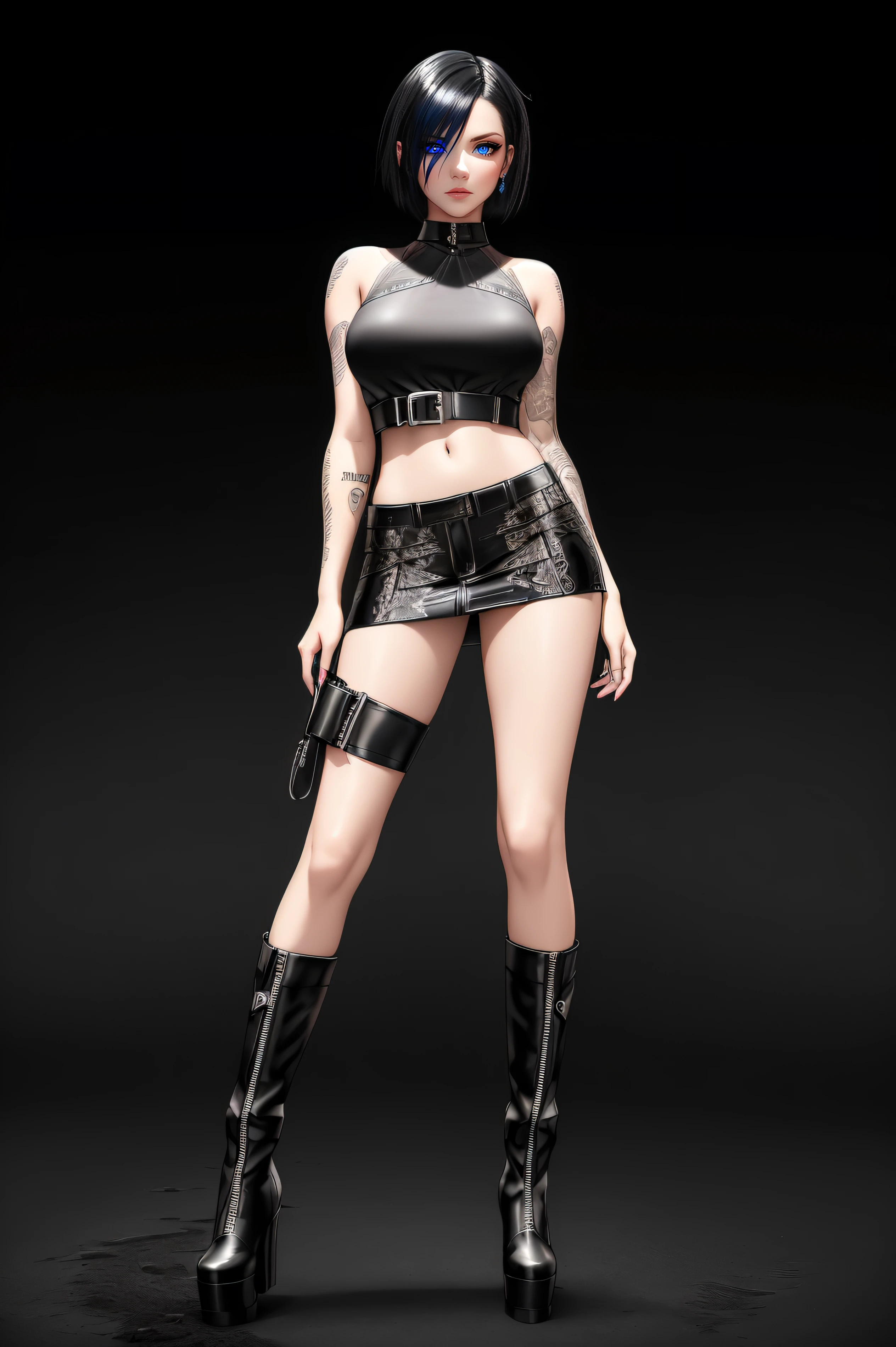 beautiful girl, ((standing:1.4)), (confident gaze:1.1), full body, short bright neon streaked black hair, ((realistic highly detailed eyes:1.4)), ((seductive pose:1.2)), black eyeshadow, (street style wear:1.2), ((short skirt)), ((knee high leather boots)),((dark plain black background:1.4)), dark makeup, digital art, trending on artstation, highly detailed, fine detail, intricate, detailed facial features, sharp focus, smooth, aesthetic,