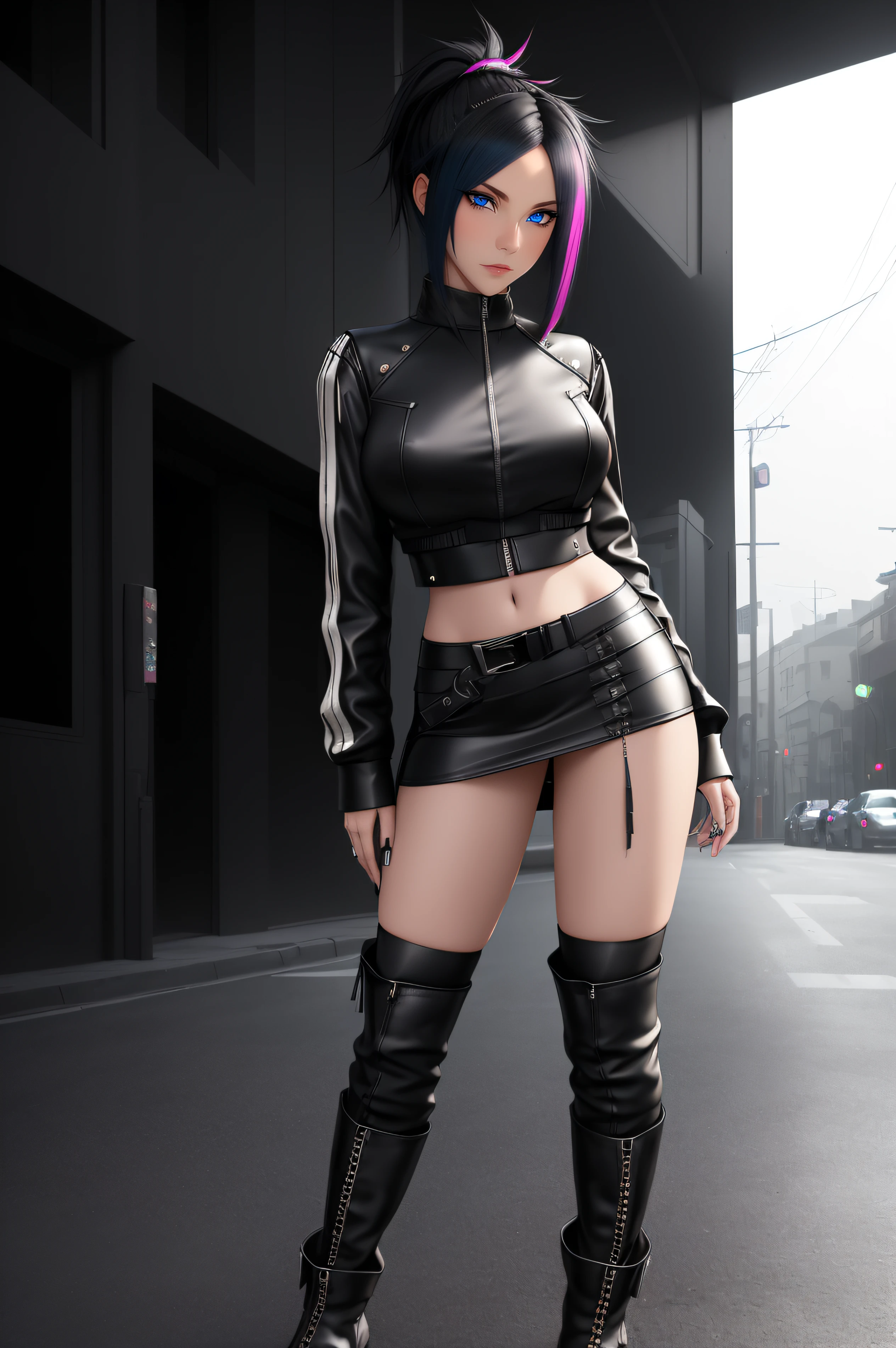 beautiful girl, ((standing:1.4)), (confident gaze:1.1), full body, short bright neon streaked black hair, ((realistic highly detailed eyes:1.4)), ((seductive pose:1.2)), black eyeshadow, (street style wear:1.2), ((short skirt)), ((knee high leather boots)),((dark plain black background:1.4)), dark makeup, digital art, trending on artstation, highly detailed, fine detail, intricate, detailed facial features, sharp focus, smooth, aesthetic,