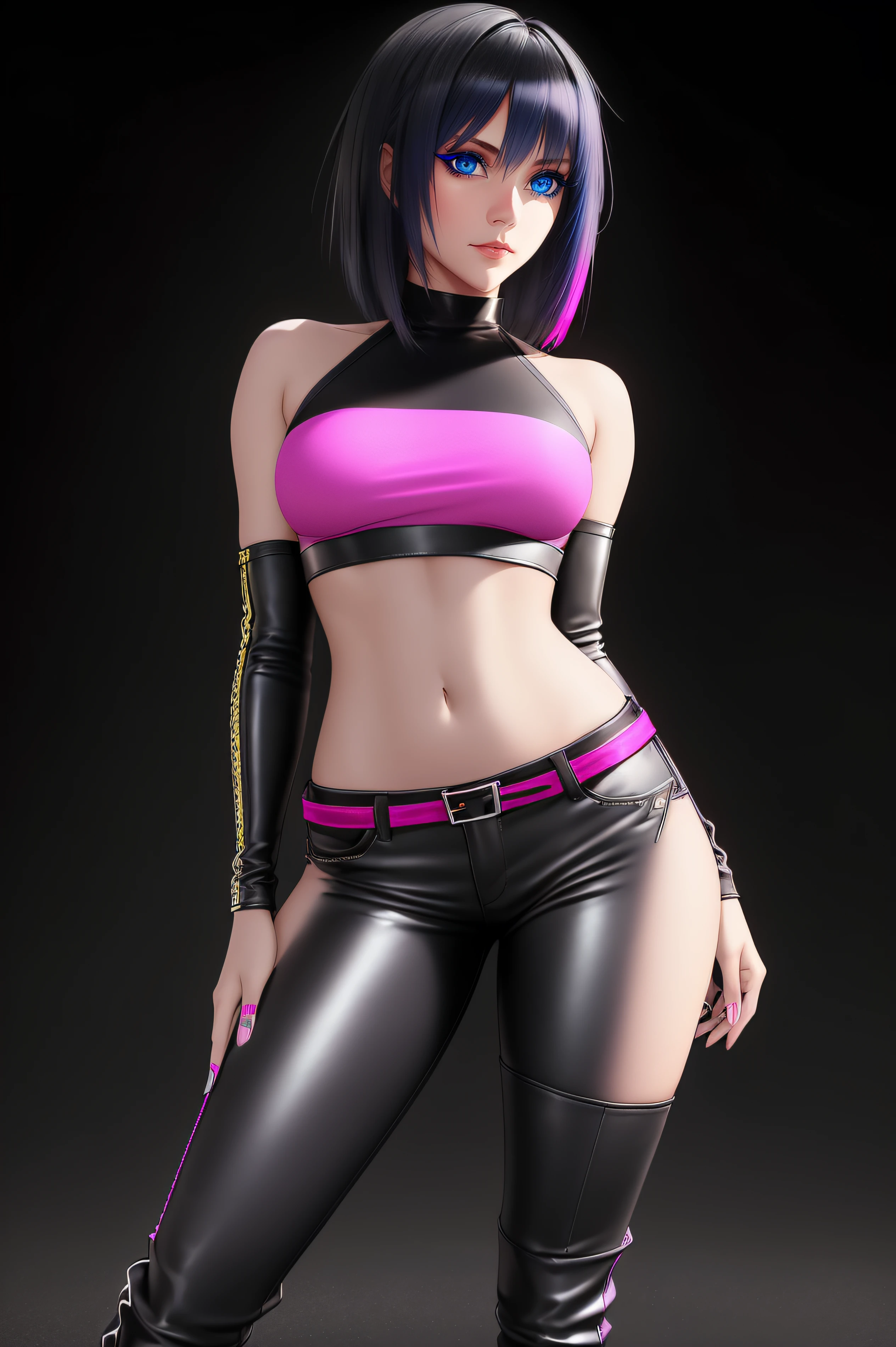 beautiful girl, ((standing:1.4)), (confident gaze:1.1), full body, short bright neon streaked black hair, ((realistic highly detailed eyes:1.4)), ((seductive pose:1.2)), black eyeshadow, (street style wear:1.2), ((tight fitted pants)), ((knee high leather boots)), ((dark plain black background:1.4)), dark makeup, digital art, trending on artstation, highly detailed, fine detail, intricate, detailed facial features, sharp focus, smooth, aesthetic,