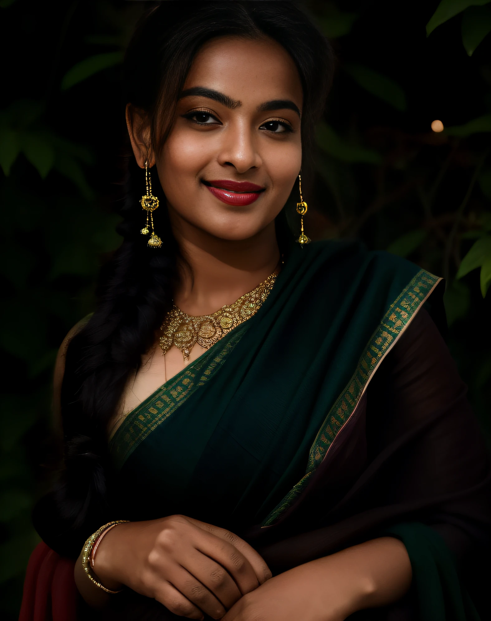 day scene, extreme close up photo of seductive indian model from top view wearing semi wine green sari and top with big breast, big cheeks, red Hollywood lips, squatting near shrub in a garden, hourglass figure, armpits, (blue eyes:1), ponytail, necklace, 30 yo, look at viewer and smile,forest background (cinematic:1.3), intricate details, (ArtStation:1.2)