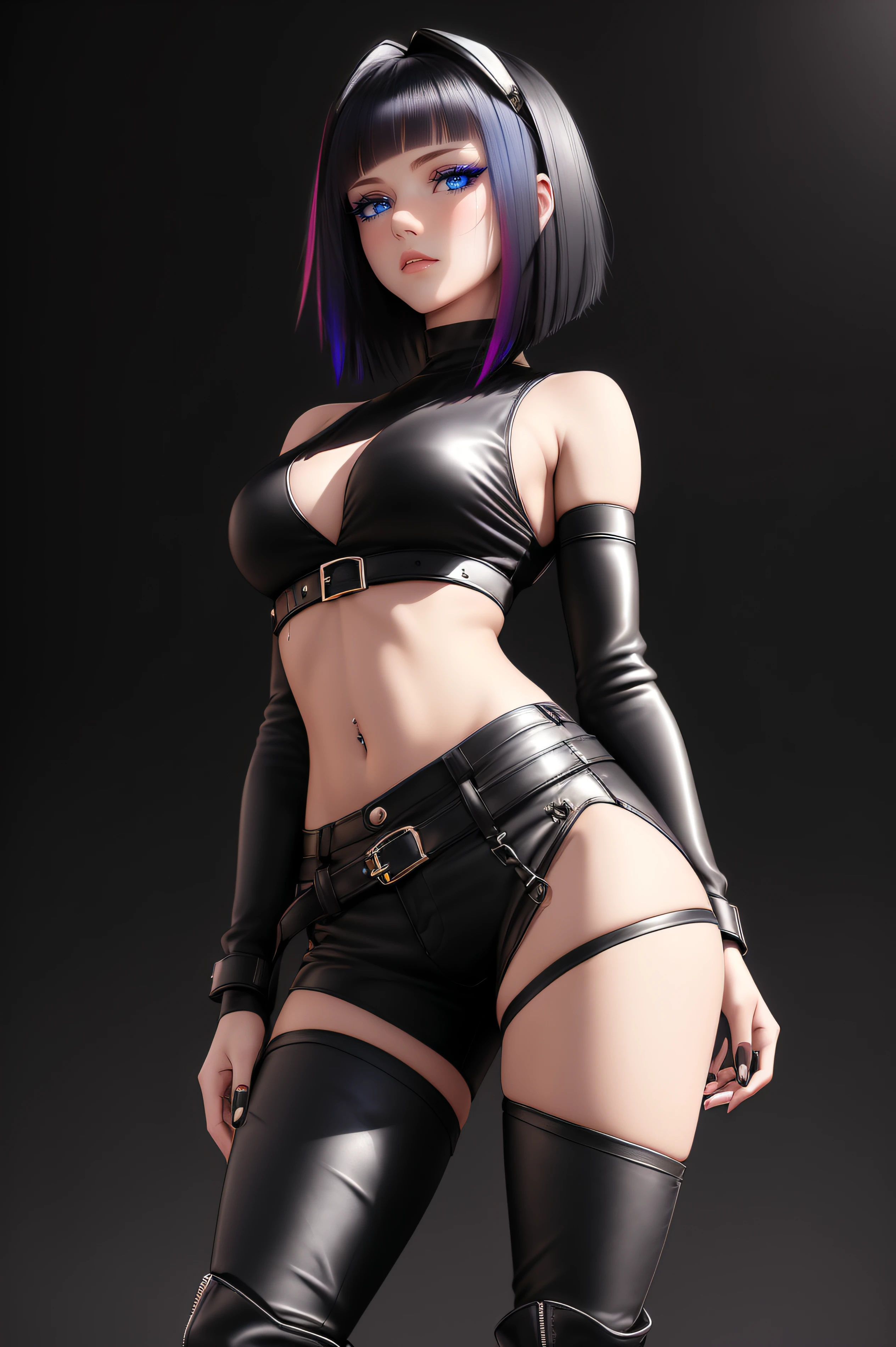 beautiful girl, ((standing:1.4)), (confident gaze:1.1), full body, short bright neon streaked black hair, ((realistic highly detailed eyes:1.4)), ((seductive pose:1.2)), black eyeshadow, (street style wear:1.2), ((tight fitted pants)), ((knee high leather boots)), ((dark plain black background:1.4)), dark makeup, digital art, trending on artstation, highly detailed, fine detail, intricate, detailed facial features, sharp focus, smooth, aesthetic,