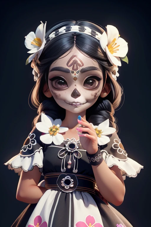 master part, best quality, Rosto detalhado, Olhos bonitos, , detailed hands, uma menina sorrindo com (sugar skull makeup), Mexican Indigenous Dress, Flowers headband, segurando uma vela do altar