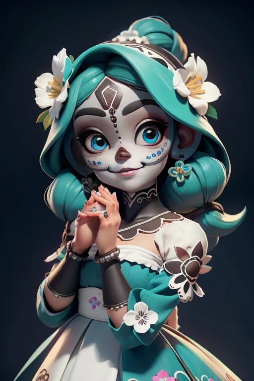 master part, best quality, Rosto detalhado, Olhos bonitos, , detailed hands, uma sorrindo com (sugar skull makeup), Mexican Indigenous Dress, Flowers headband, segurando uma vela do altar