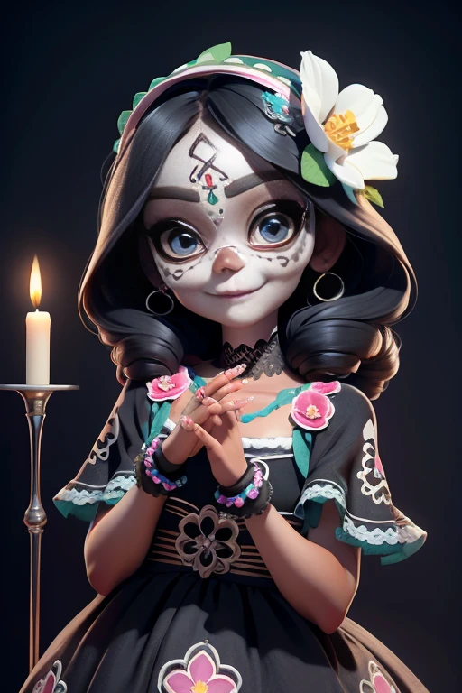 master part, best quality, Rosto detalhado, Olhos bonitos, , detailed hands, uma sorrindo com (sugar skull makeup), Mexican Indigenous Dress, Flowers headband, segurando uma vela do altar