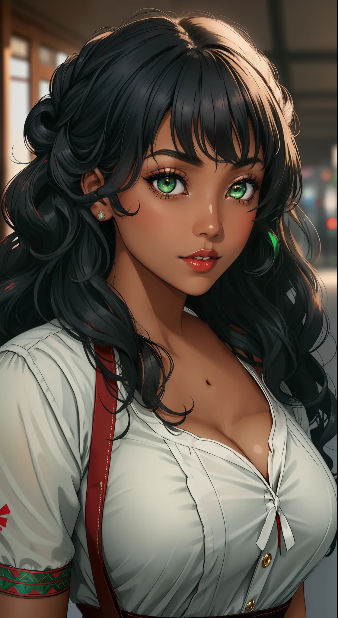 ((((A young woman))), the anime, ( Green eyes), (black hair), Nice face, ssmile, the perfect body, , (((morena))), big breastes, ((tmasterpiece, beste-Qualit)), illustartion, Ультра деталпазированная 8k, Photorealistic, sharp-focus, higly detailed, Professional lighting, Bright make-up, red-lips, Toenails and fingernails are varnished, (dark skin:1,2), short stature, dark skin, Indian woman, African curly hair, Afro-curls, dreds, urban style, casual wear, casual shoes, confectionery, buns, pasties, Cakes