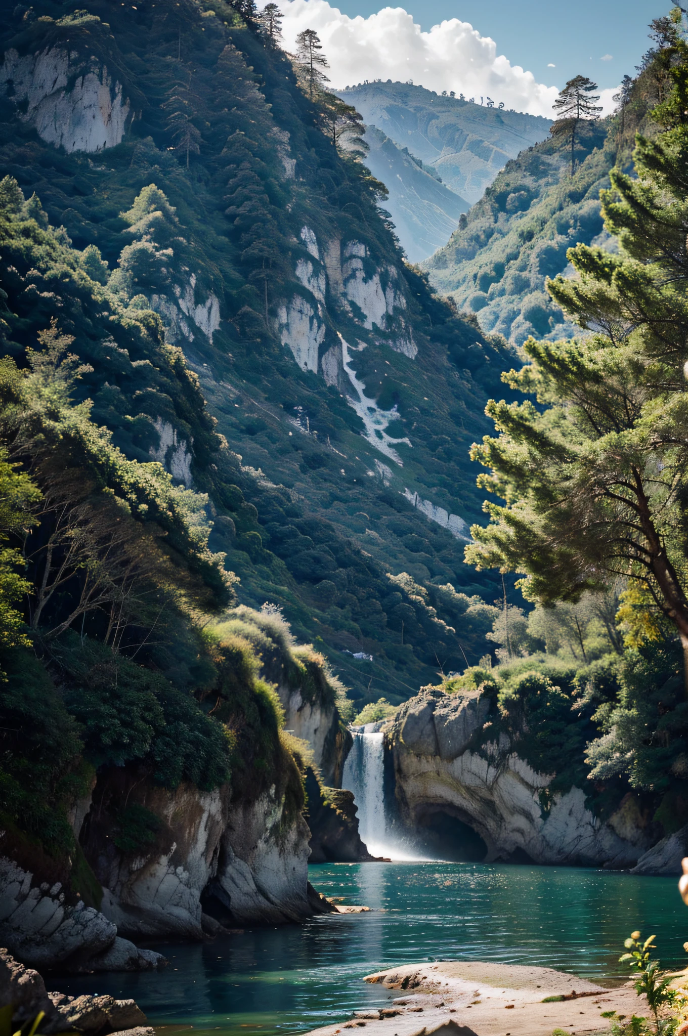 Entre picos majestuosos, un lago tranquilo se mece bajo el lienzo del cielo matinal. Its blue waters capture the reflection of imposing mountains, como guardianes eternos. Bosques frondosos abrazan la orilla, susurran historias antiguas al viento. El sol, como un pincel dorado, pinta destellos en cada ola que acaricia la costa. A lo lejos, una cascada se desliza con gracia, adding melody to the landscape. El aroma fresco a pino y musgo se entrelaza con la suave brisa. Es un lugar donde el tiempo parece detenerse, dejando una estampa imperecedera de serenidad y grandiosidad natural. Enfoque ocular,joven,Lente de 85 mm,f/1.4,Pro Lighting,retrato,Mapeo de fotones