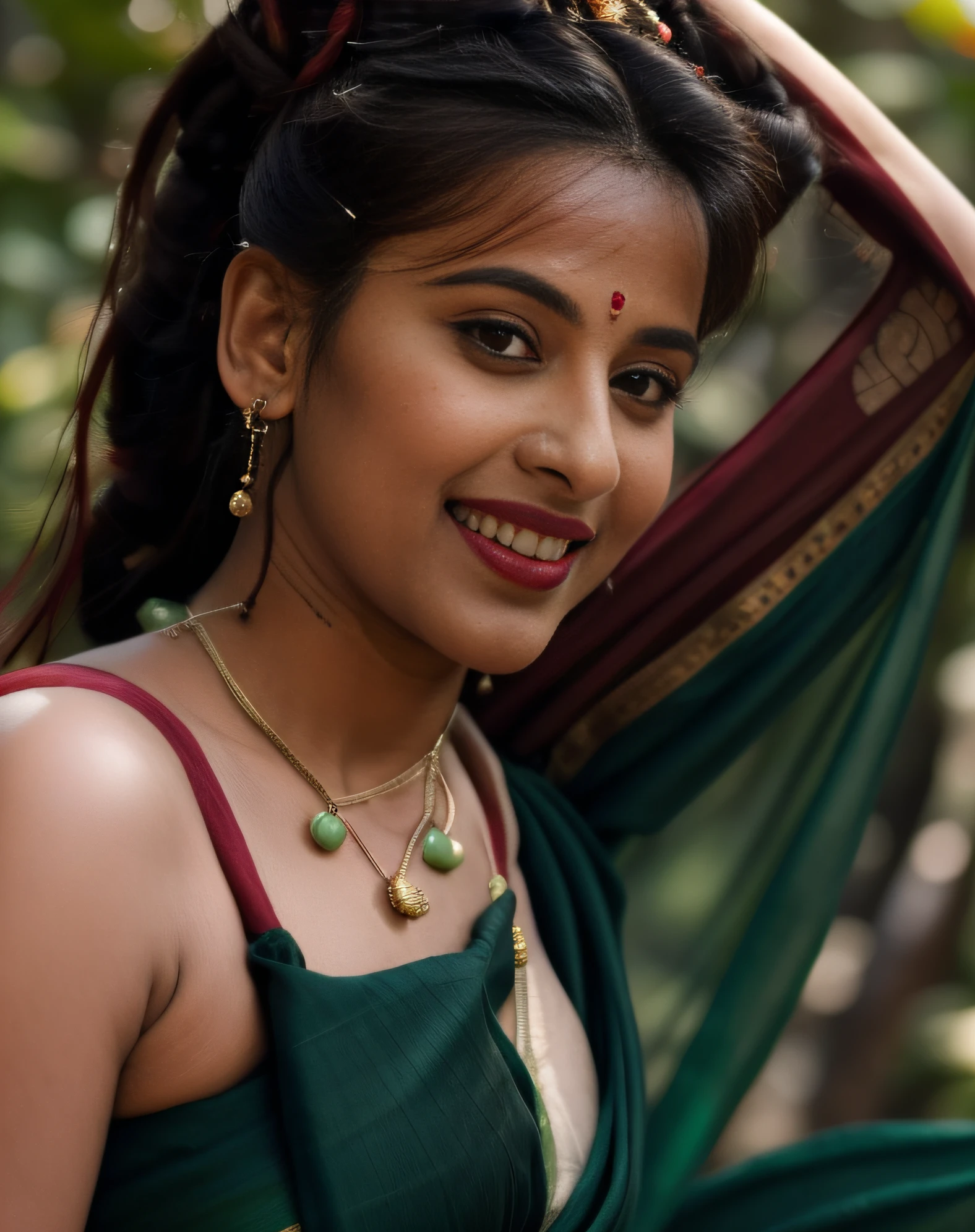 day scene, extreme close up photo of seductive indian model from top view wearing semi wine green sari and top with big breast, big cheeks, red Hollywood lips, squatting near shrub in a garden, hourglass figure, armpits, (blue eyes:1), ponytail, necklace, 30 yo, look at viewer and smile,forest background (cinematic:1.3), intricate details, (ArtStation:1.2)