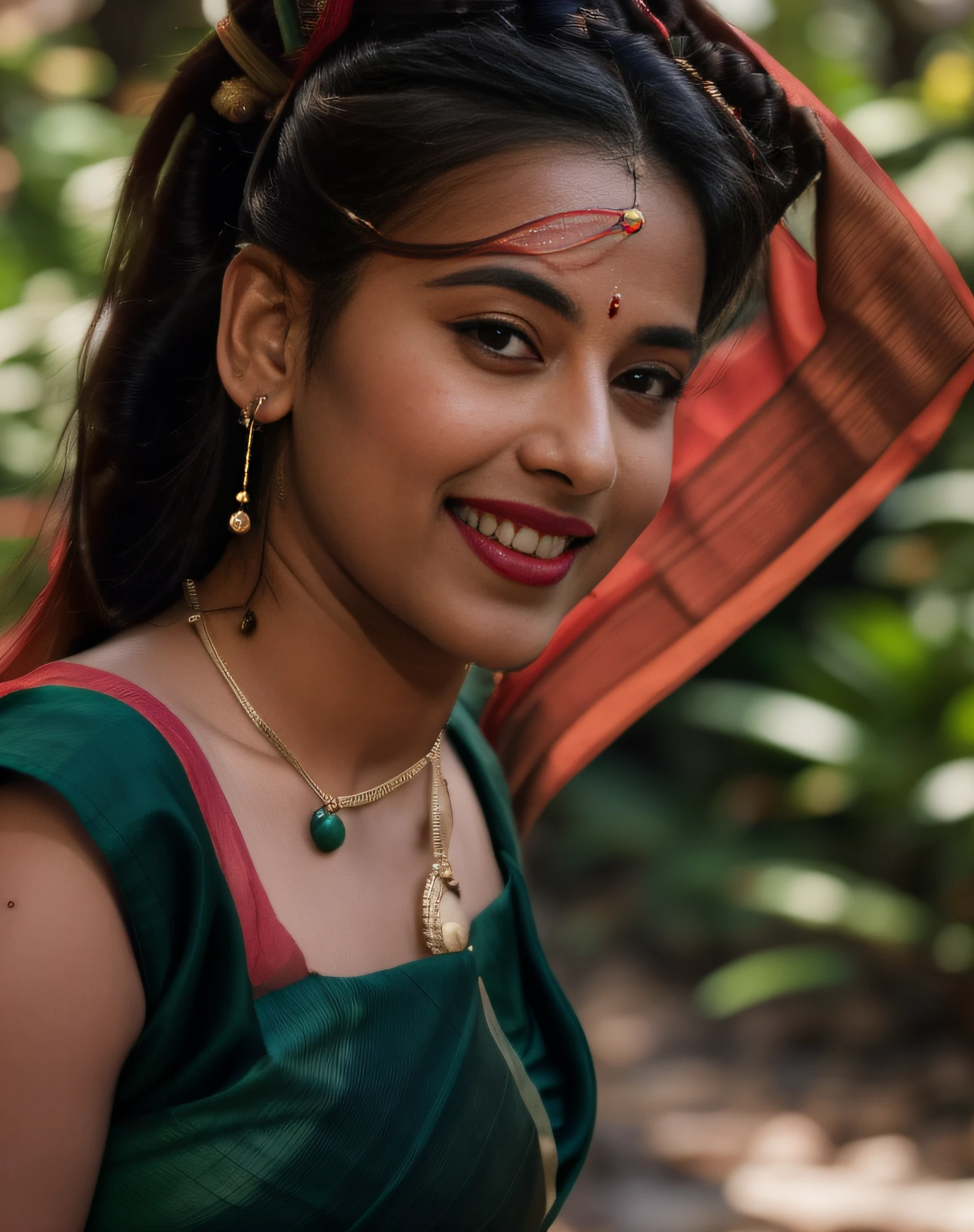 day scene, extreme close up photo of seductive indian model from top view wearing semi wine green sari and top with big breast, big cheeks, red Hollywood lips, squatting near shrub in a garden, hourglass figure, armpits, (blue eyes:1), ponytail, necklace, 30 yo, look at viewer and smile,forest background (cinematic:1.3), intricate details, (ArtStation:1.2)