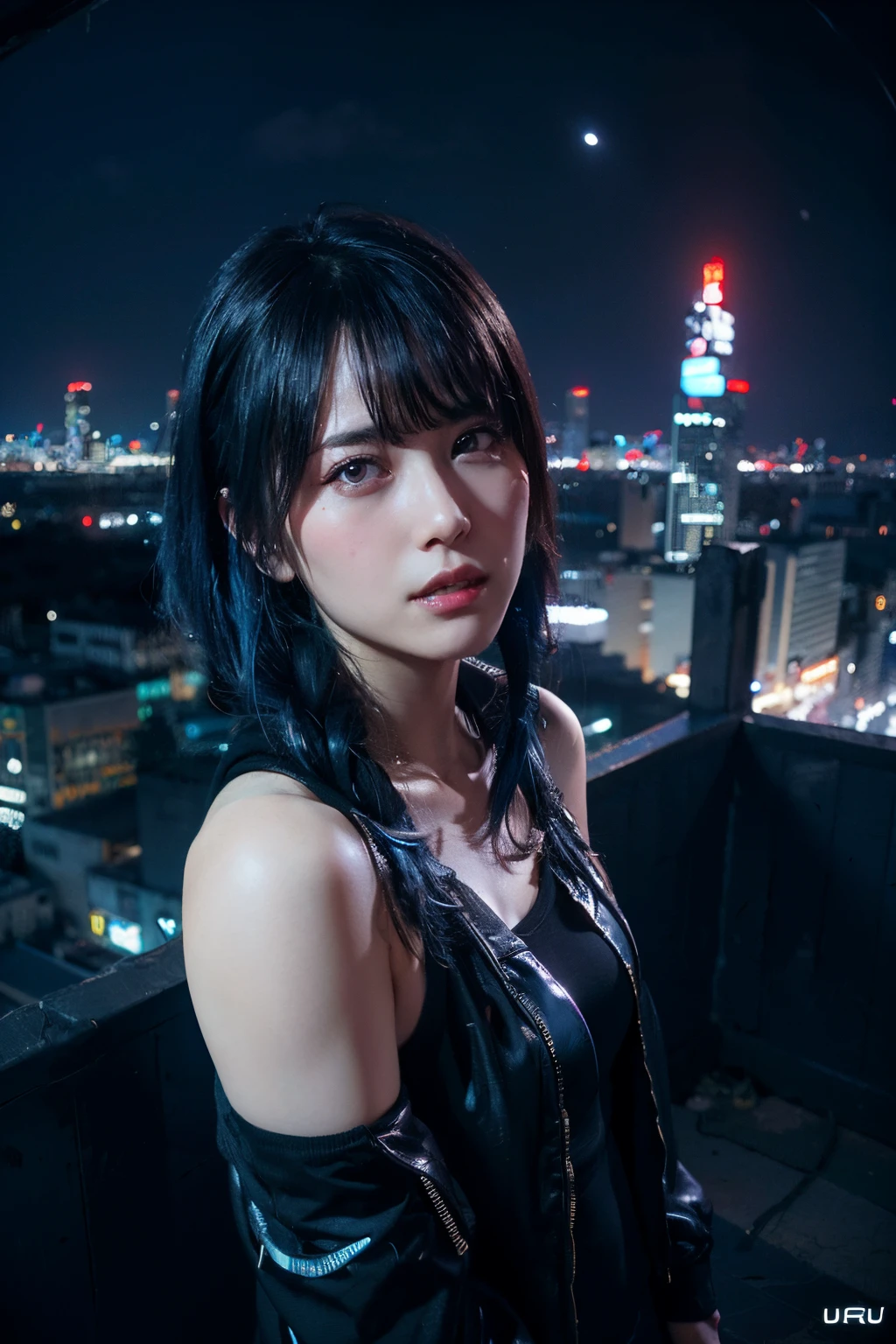 (masterpiece), best quality, ultra high res,little girl, cyberpunk 1girl flying above stunning cityscape ,hoodie,blue hair,  neon color shooting stars, very long hair, off shoulder, feather hair ornament, neon colors, flashes, stunning night sky, cinematic lighting, photorealistic, realistic skin, HDR,fisheye