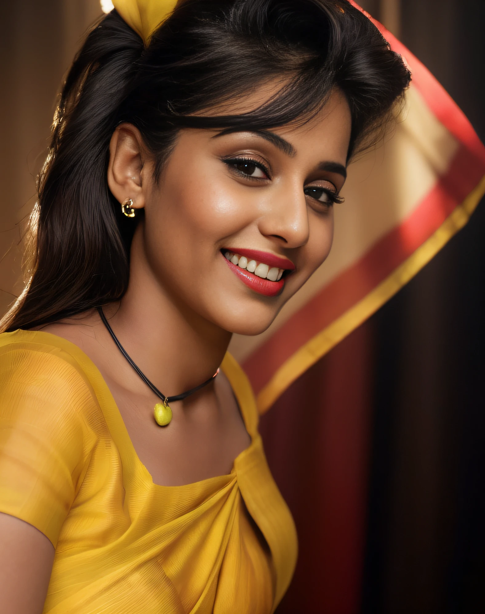 (editorial photograph of a young Indian woman with big boobs red lips)、(((yellow lime sari)))、karla ortiz, (highly detailed face:1.4) (smile:0.7) (backround 5 star hotel , moody, private study:1.3) POV, by lee jeffries, nikon d850, film stock photograph ,4 kodak portra 400 ,camera f1.6 lens ,rich colors ,hyper realistic ,lifelike texture, dramatic lighting , cinestill 800, realistic, wearing Black dobby weave self design fit & flare dress Sweetheart neck Short, puff sleeve Tie-up detail on back Above knee length in flounce hem Attached Lining Chiffon fabric, actress, karla ortiz, posing!!, candid picture, by Max Dauthendey