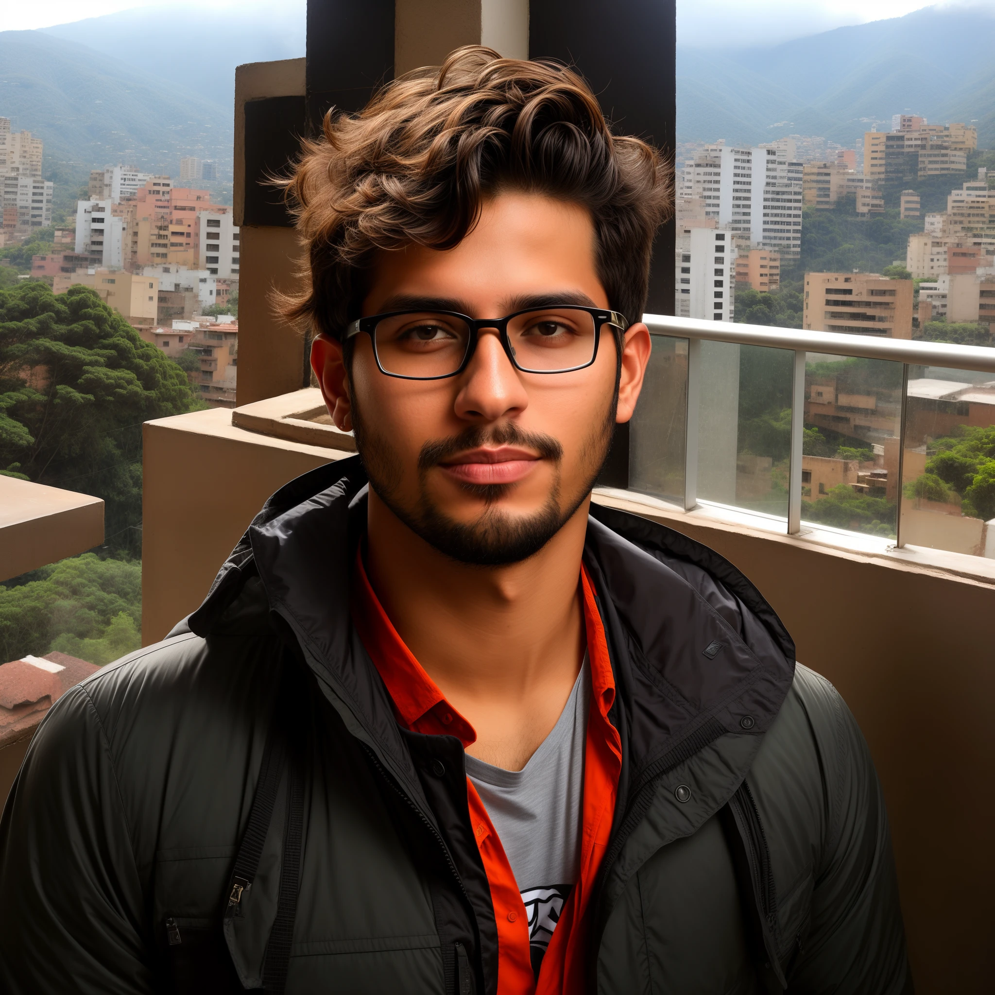 hombre con gafas parado frente a una ventana, ciudad de caracas, Joven venezolano, Hombre con gafas, inspired by Pablo Muñoz Gómez, federico pelat, miguel iglesias, Retrato de alta calidad
