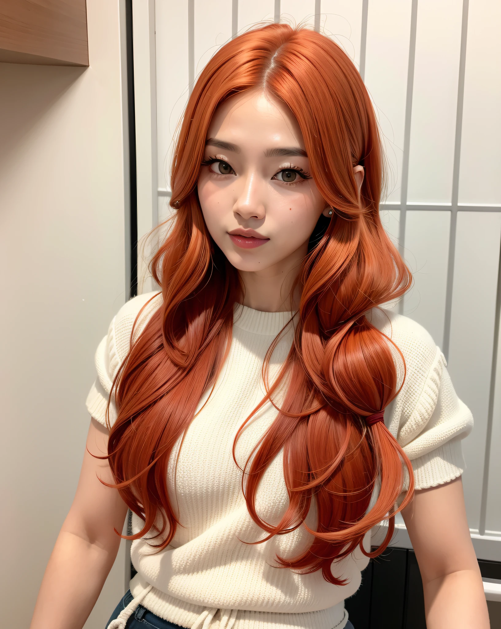 mulher arafa com longos cabelos ruivos sentada em uma cadeira, longos cabelos ondulados laranja, ela tem cabelos longos e redorange, gengibre cabelo ondulado, cabelos vermelhos ondulados muito longos, long braided orange red hair, cabelos cacheados cor de cobre, cabelos longos e ondulados vermelhos, cabelo ondulado vermelho sujo, Ulzzang, com cabelos ruivos cacheados, longos cabelos vermelhos ondulados, maquiagem sul-coreana popular