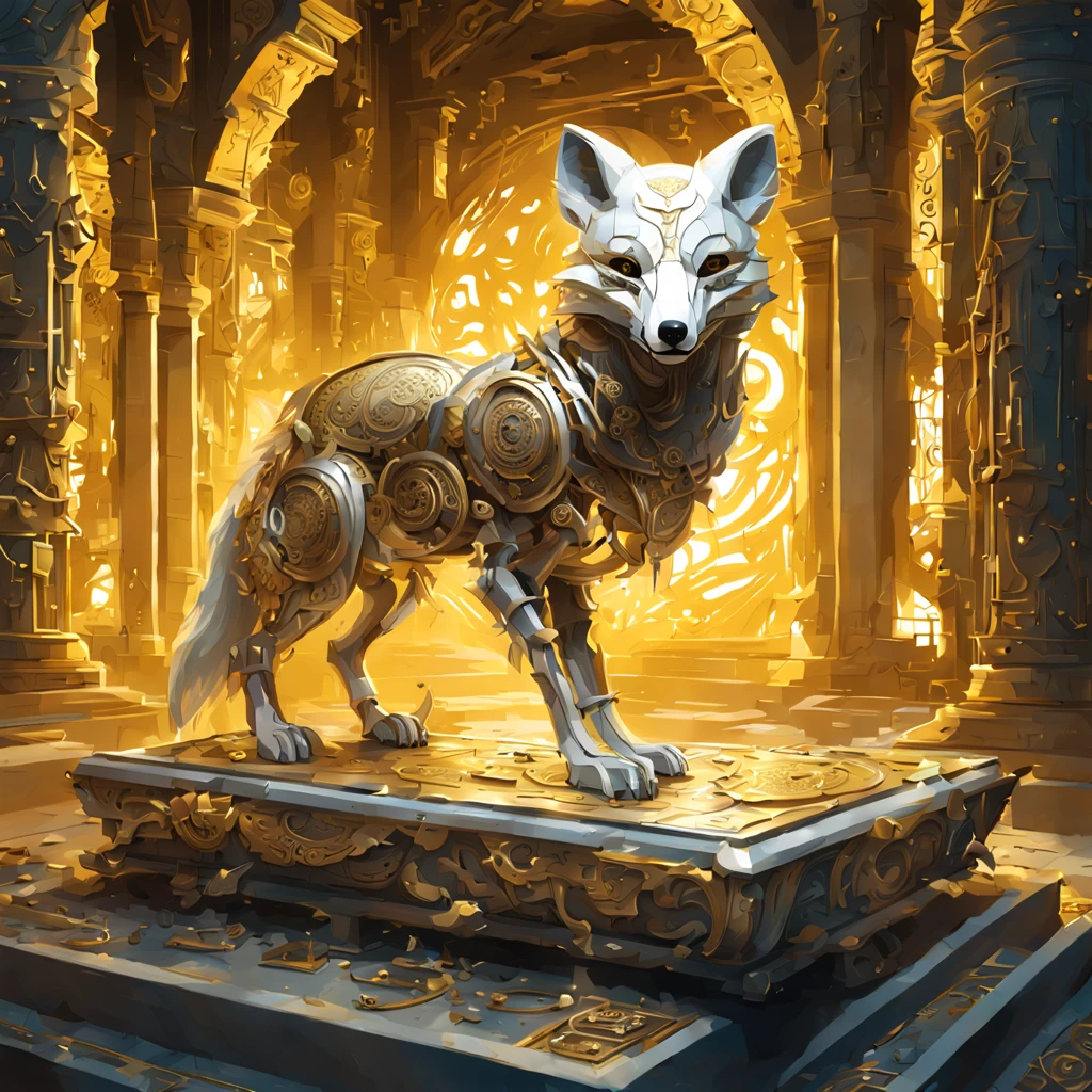 Skeletal Arctic Fox made of ancient metal and covered with plates of mysterious ivory white steel accented with intricate gold swirls and powered by a mystical golden light within, best quality, masterpiece, background ancient ruins, in cyberpunk game art style