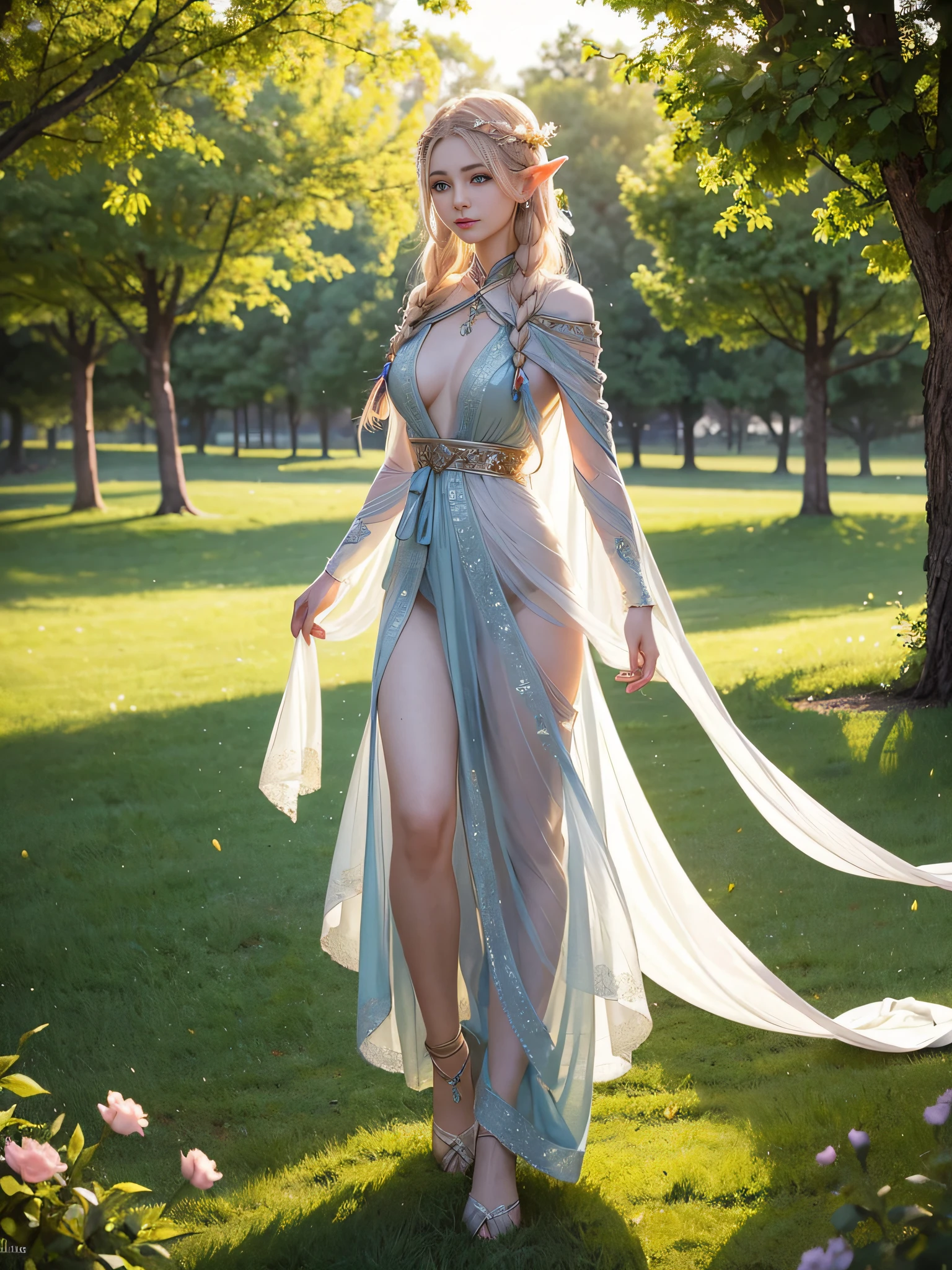 Graceful elven girl standing in meadow, Delicate face illuminated by the soft light of the setting sun. Her long, Flowing hair runs down your back, Decorated with intricate braids、Adorned with sparkling gemstones. This great photo is、、、It captures the ethereal beauty of elves. Slender figure in silk dress、Swaying in the soft steppe breeze. Attention to detail、Face that is、Face that is、Face that is、Face that is、It is evident in the intricate patterns of the dress and the subtle highlights of the luminescence. skin. The breathtaking portrayal of the elven girl is、、、、、Create an enchanting atmosphere、It invites the viewer to a magical world.