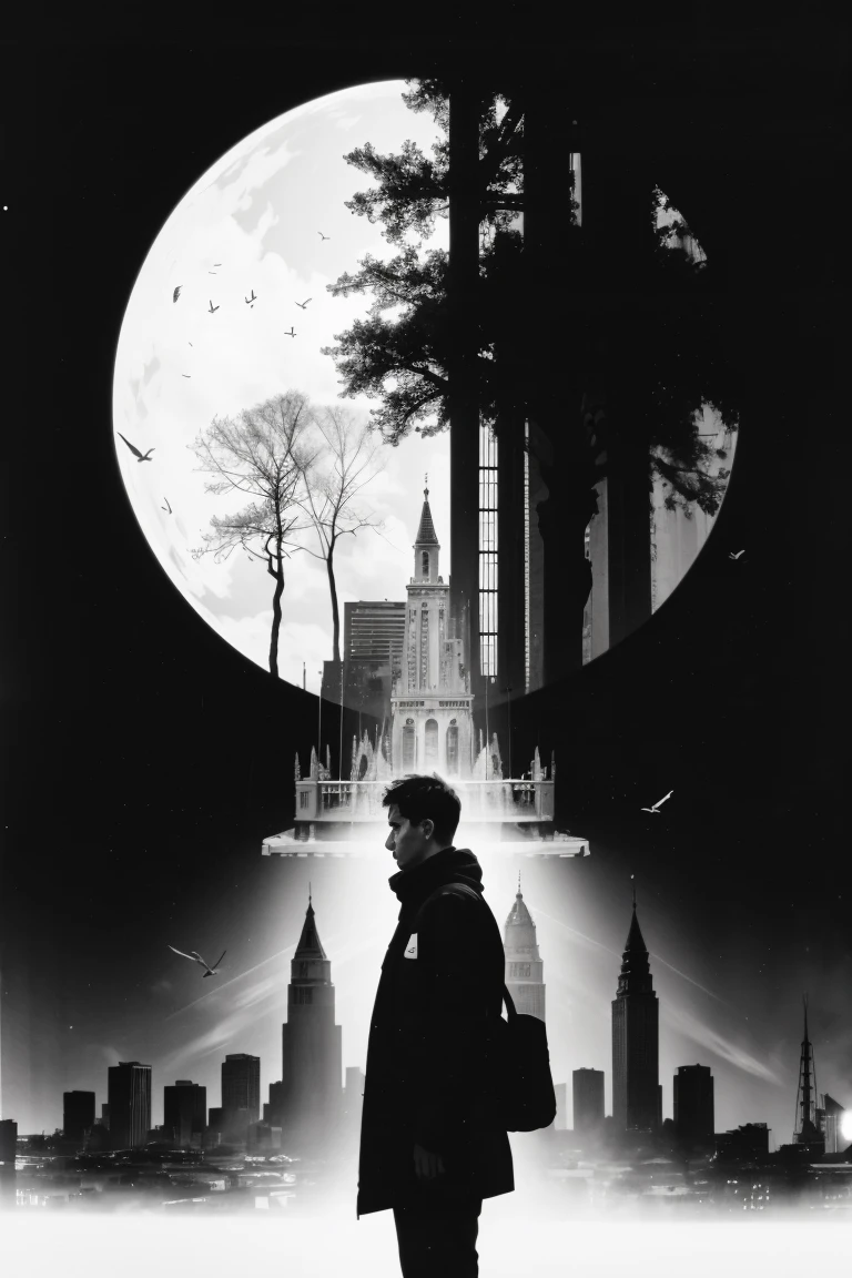 1人, deep, looking over city, Black & white photo, heads, Tall structures, flocks of birds flying, abstract expressionism, ligne, shape, colours, Emotion, ideas, structures, sutured, complete image, colours, Black, The white, Gray, heavy, Solitude, a work of art, RHAD, constellation, overlapping, Picture atmosphere, grieves, Solitude, thinking,A WORLD