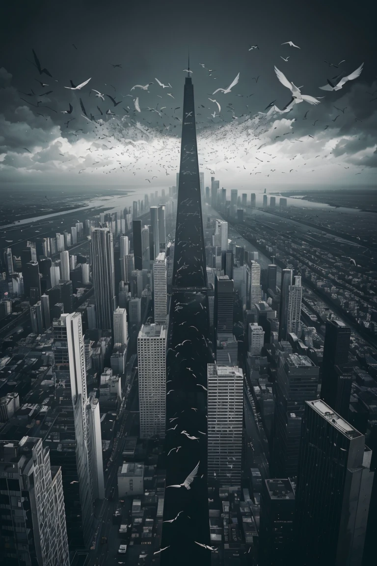 1 Man, Deep, Cityscape, Black & White Photographs, Head, High-Rises, Flock of Birds in Flight, Abstract Expressionism, Line, Shape, Color, Emotion, Thought, Structure, Stitching, Complete Image, Color, Black, White, Gray, Heavy, Lonely, Composition, Symmetry, Alignment, Overlap, Picture Atmosphere, Sadness, Loneliness, Thinking