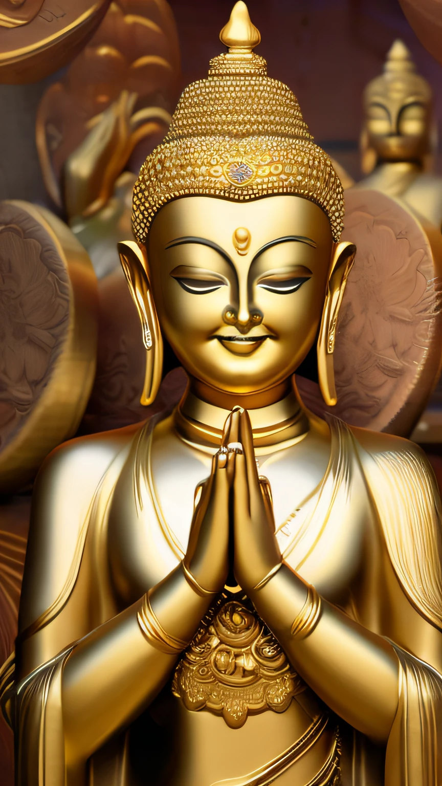 A large golden Buddha faces forward with its palms clasped together with a smile on its face.、Money is falling in the background、Looks like you'll have good luck with money