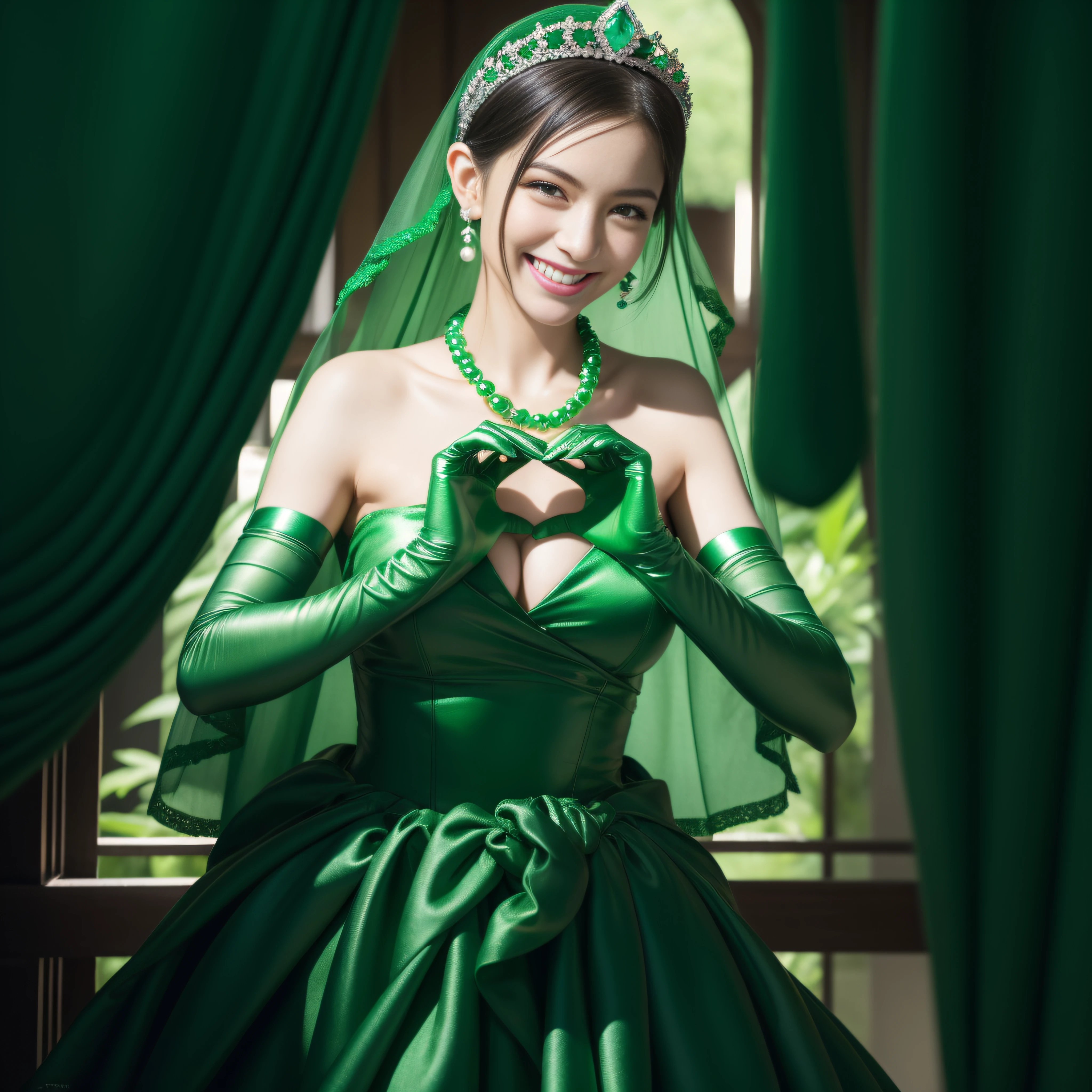 emerald tiara, Green Pearl Necklace, Boyish very short black hair, lipsticks, Japan woman smiling, very short short hair, big breasts beautiful, Green eyes, Long green gloves made of satin material, Green eyes, Emerald Earrings, green vale, Heart with both hands