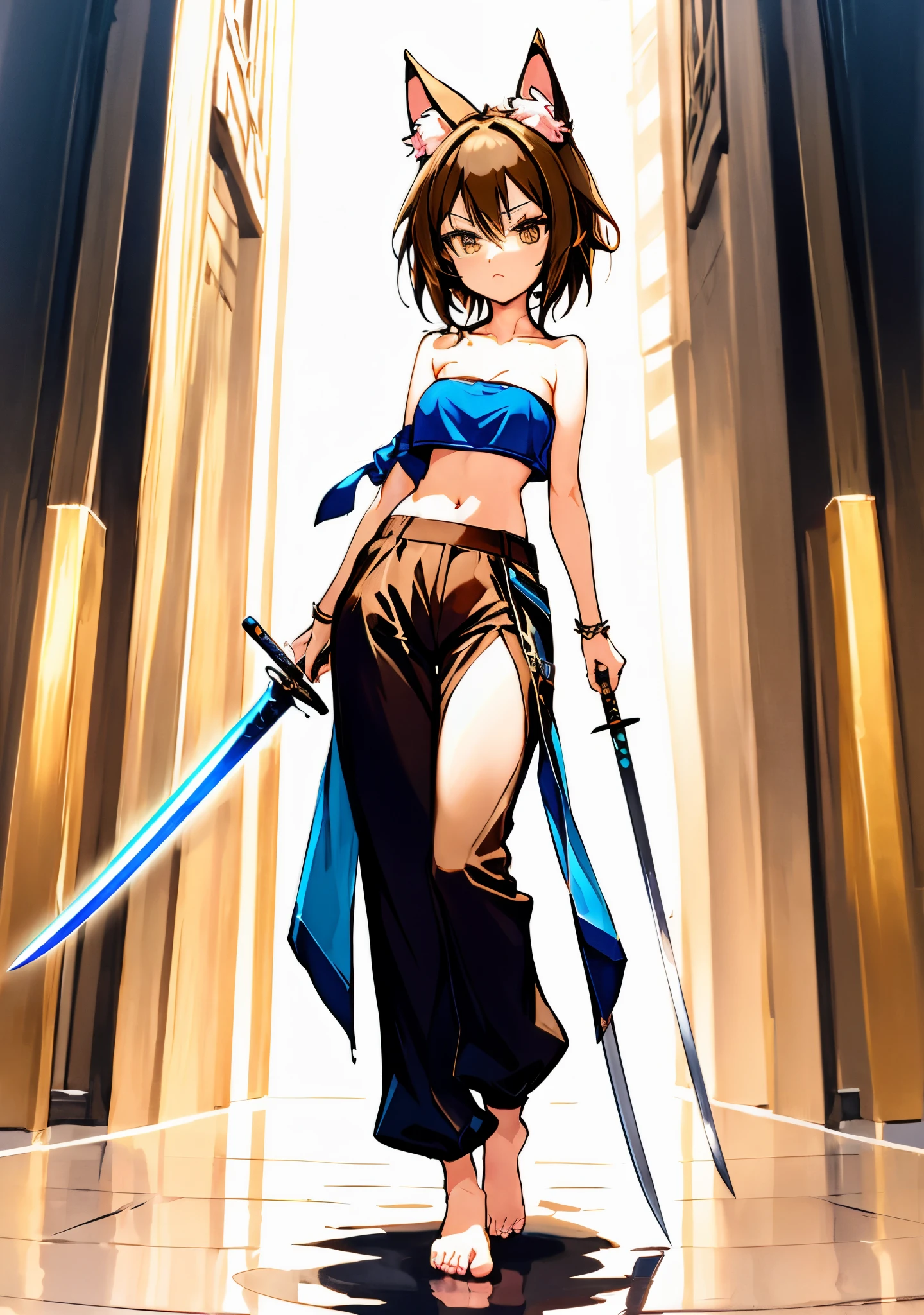 garota de anime com uma espada e uma fantasia de gato andando por um corredor, she is holding a katana sword, desembainhando sua Katana, Personagem de videogame Katana Zero, she is holding a sword, female action anime girl, Katana zero, digital advanced anime art ", estilo anime 4K, Makoto, Katana, Shirow Masamune