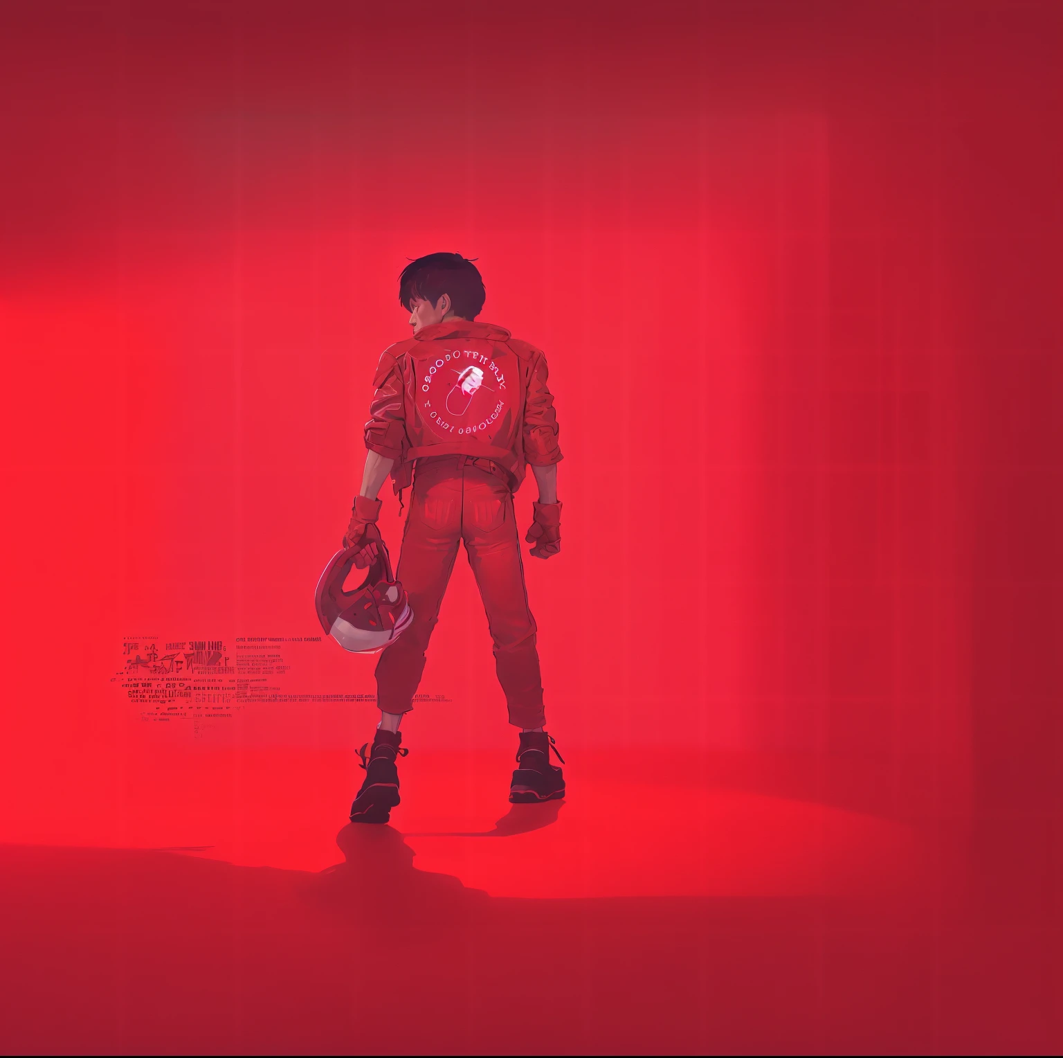 a man in a red uniform stands and holds SNEAKERS BY THE LACES, The style of the film "Akira", Illustration in Akira style., Akira color palette, The style of the film "Akira", character shadow, Hair develops, RED BACKGROUND and white paints