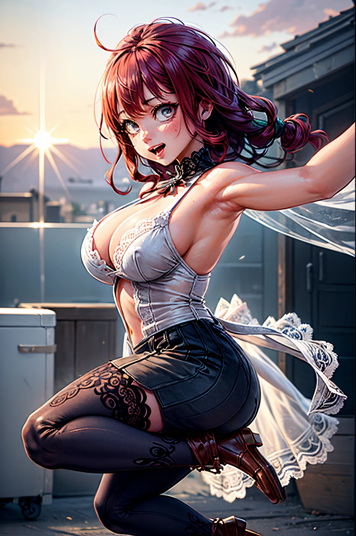 beatiful Fairy Tail's Lucy in laces, naughty, stockings, jumping, incredible warm light at sunset, ultradetailed, laceworks fractal,  lace clothes, photorealistic, jumping, boobs, lace, from under lace