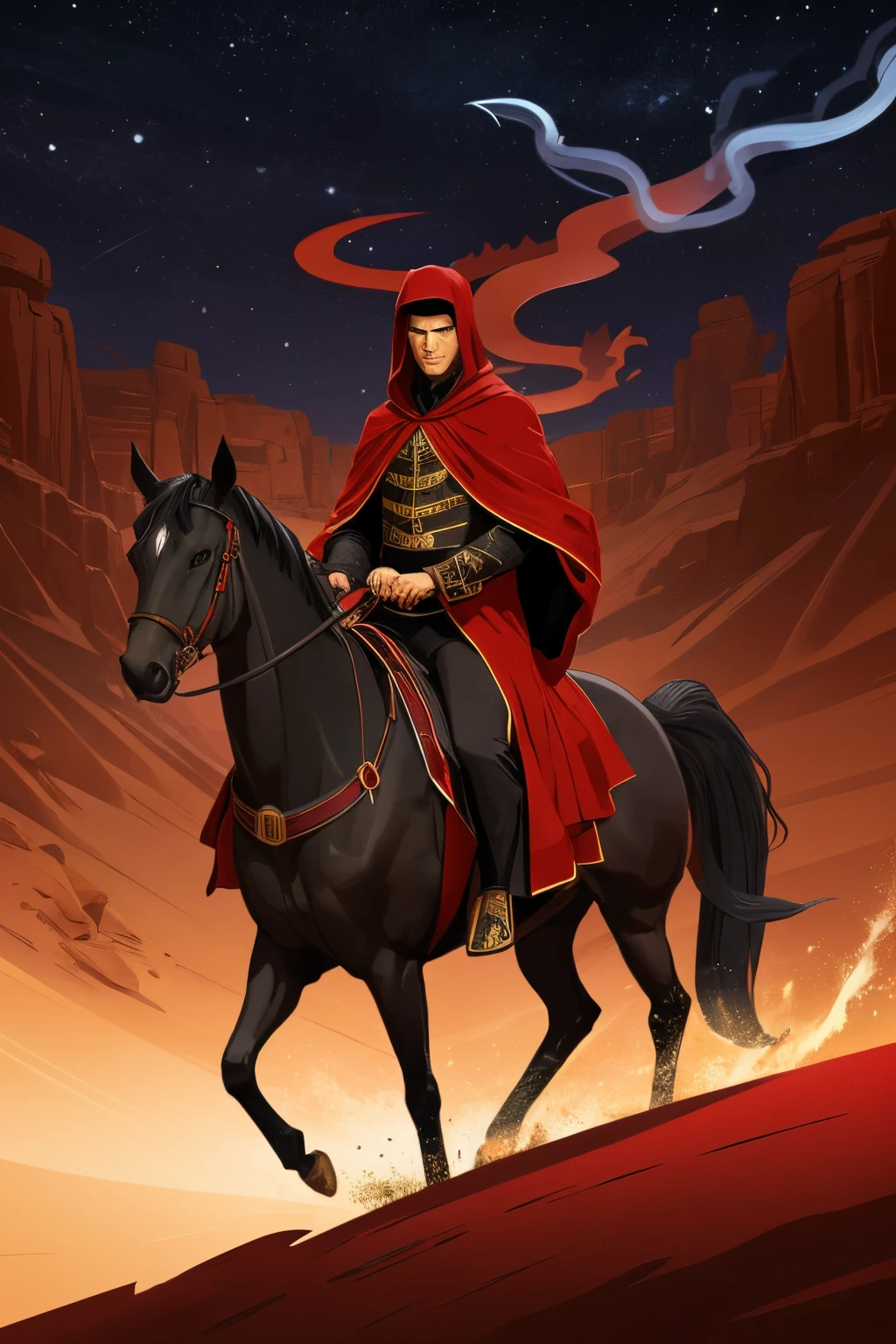 Horseman in black magic robe, Snake's Head, rider on a black horse, black staff in hand, Red snake eyes, snake tail, desert, the night, vector art