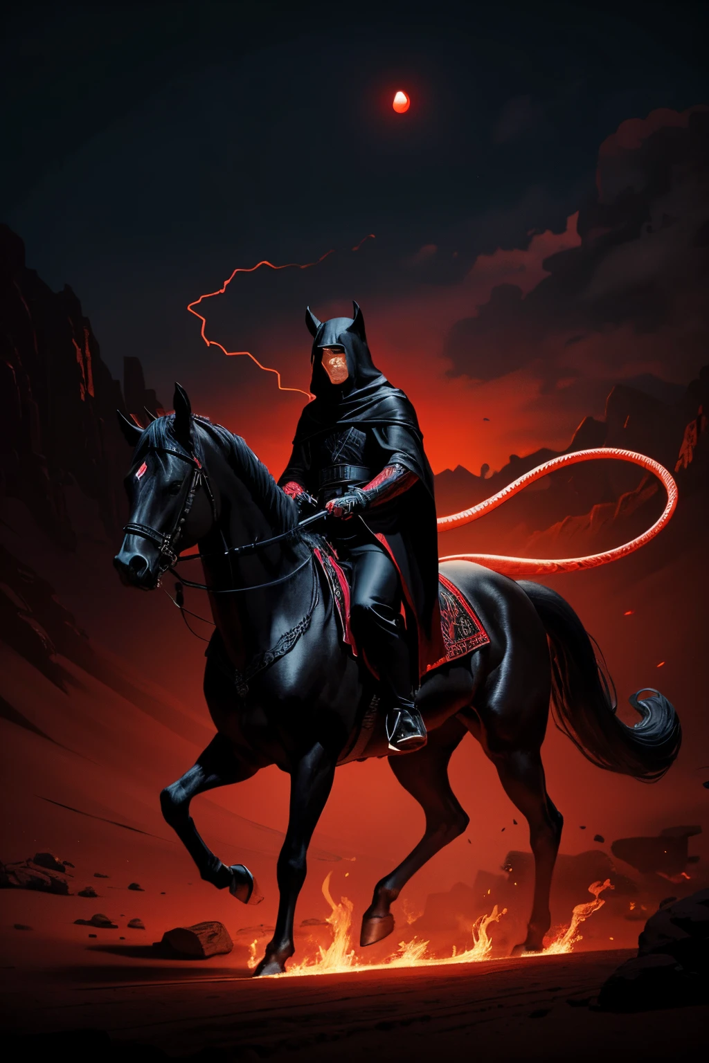 Horseman in black magic robe, Snake's Head, rider on a black horse, black staff in hand, Red snake eyes, snake tail, desert, the night, vector art