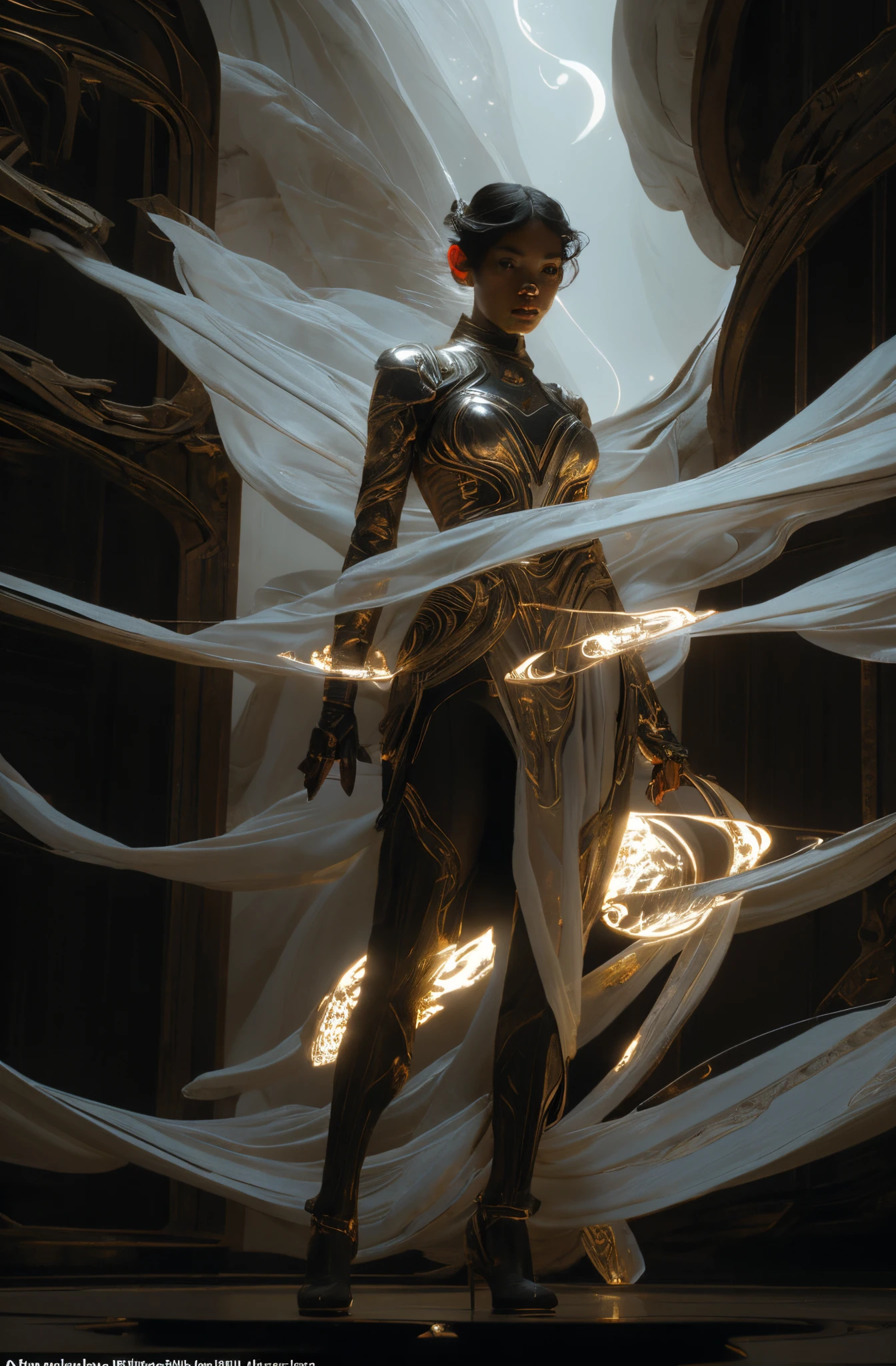 Space, distant stars, fantastic image. Face. Figure. Graceful shapes. Graceful girl.
(High quality), (stylization - animation, realism). Dark cool colors are mixed with warm shades.
Angel girl, photorealistic, cinematic picture, high detail, full black hole, 8K. dynamic expressive image (1 girl; 1.3), Solo, (((Very detailed eyes and face))), Beautiful detailed eyes. masterpiece, best quality, full-length portrait, amazing beauty, dynamic pose, gentle face, and bright eyes. (Front) She wears a sheer, semi-sheer dress that shows off her slender figure. She is an angel who descended into the underworld. She is a savior, a light in a dark kingdom, emitting a soft glow. High detail, other worlds, firelight, detail, high quality, low light, dark environments - the scary cinematic setting is great. Girl with white skin, realistic detailed skin, clear focus, volumetric fog near the floor, 8k, UHD, DSLR, high quality, film grain. photorealism, lomography, fantastic dark art, utopian reality.