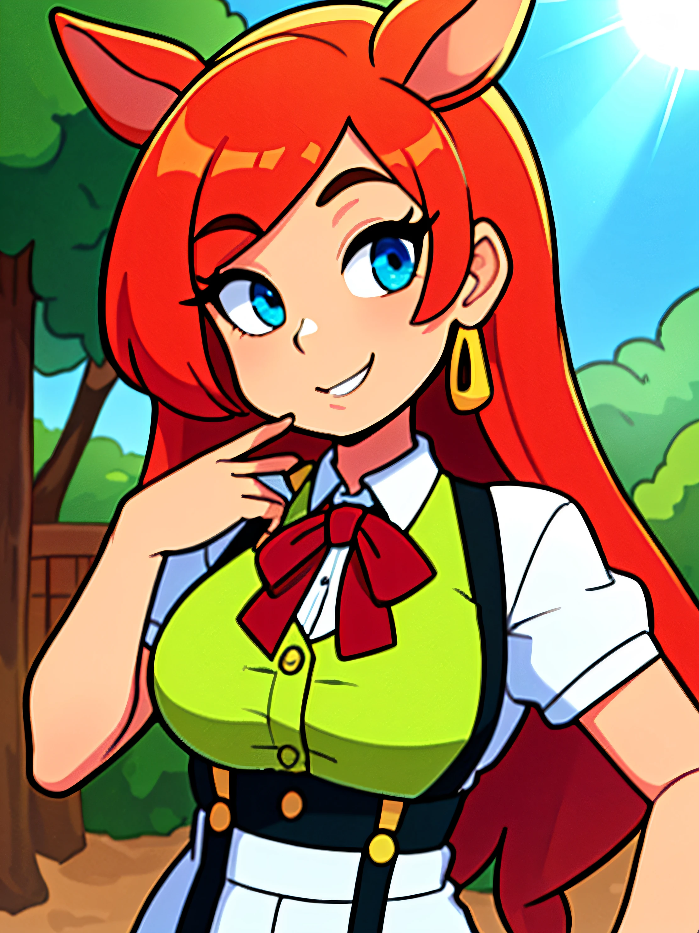 (master part, best quality) 1girl, cabelos ondulados, Olhando para o Viewer, Blurry, parte superior do corpo, colar, suspenders, estampa floral,  sunlight, mais detalhado, olhos detalhados, pupila brilhante