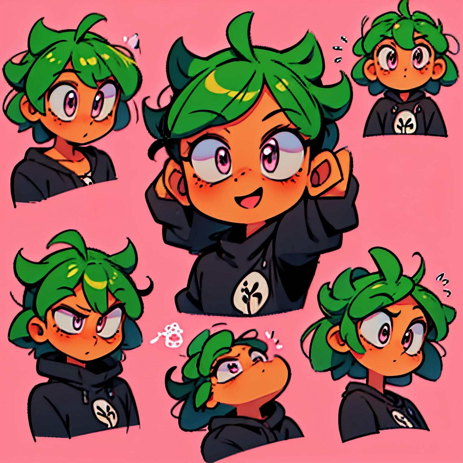 very happy anime female head icon short green hair pink eyes looking diagonal right up no background