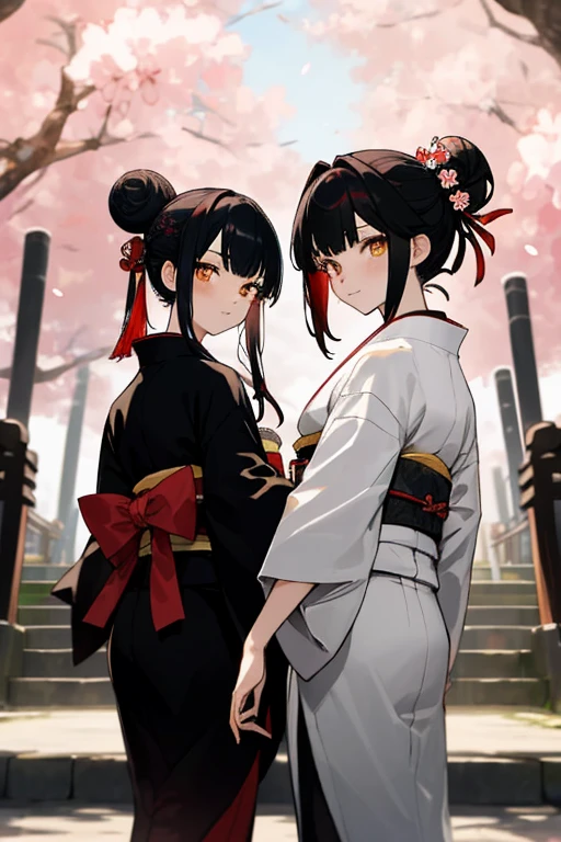 ((masterpiece,best quality)),2girls, black kimono, black legwear, black ribbon, black hair, cherry blossoms, day, flower, hair bun, hair ribbon, japanese clothes, kimono, long hair, looking at viewer, looking back, multiple girls, obi, outdoors, red eyes, red hair, ribbon, sandals, single hair bun, stairs, standing, statue, torii, tree, white kimono, yellow eyes