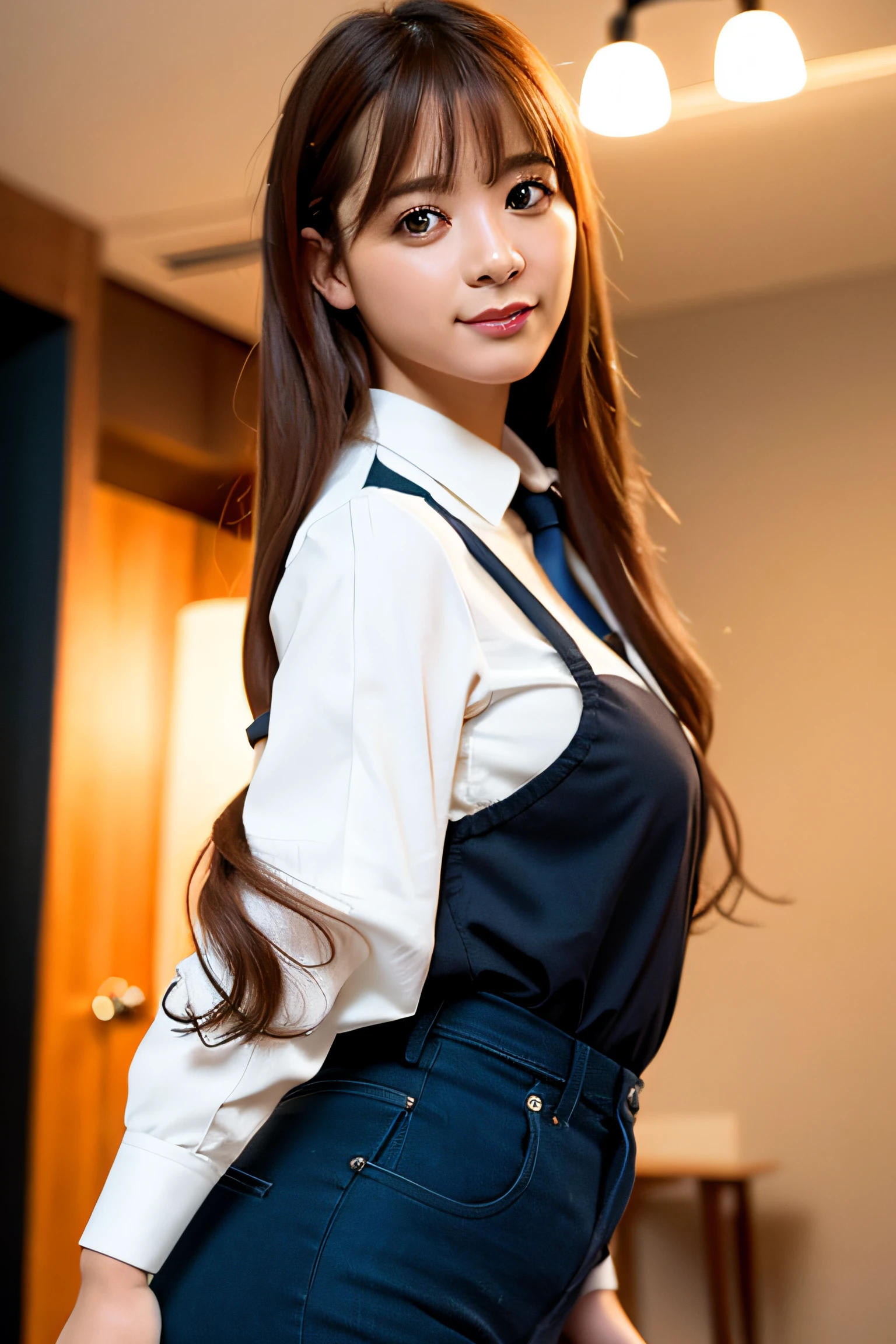 best quality, photorealistic, 8k, high res, 1girl, woman, (skindentation), (professional lighting), ((close buttoned office shirt)), (portrait:0.6), gorgeous, (long hair:1.7), (1girl eyes looking at viewer:1), ((looking at viewer:1.6)), (1girl looking at the camera), photorealistic, (bokeh), (portait:0.6), (dynamic pose:1.2), masterpiece, intricate, realistic, sharp focus, award-winning photograph,
